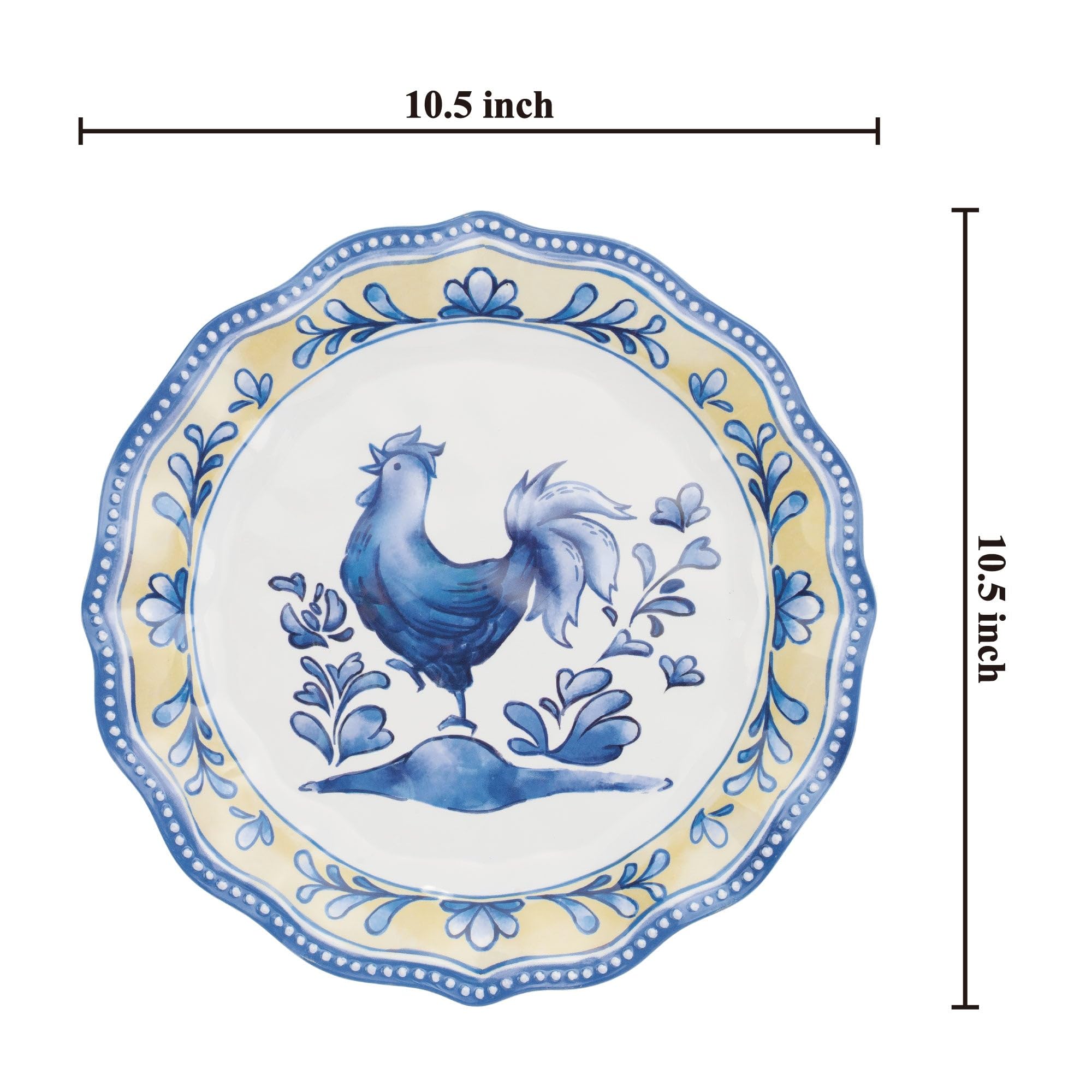UP ware - Set di 6 piatti piani in melamina, senza BPA, lavabili in lavastoviglie, piatti piani per portata principale, pasta e insalata, piatti piani da 26 cm (gallo blu)