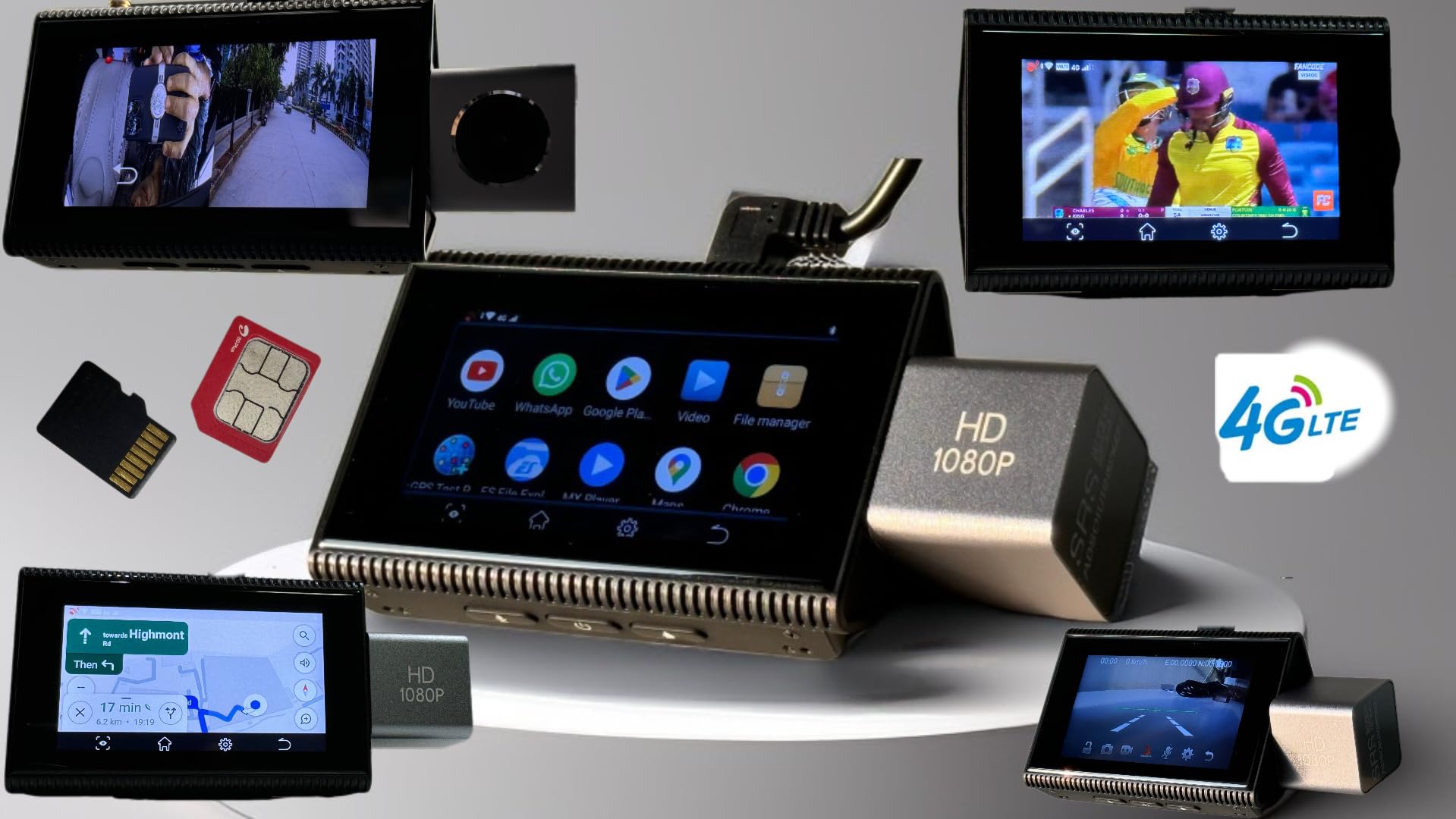 2K 4G Dash Cam Android ADAS BT WIFI HotSpot Steering control 2CH Record 24x7 Live Audio Video GPS Track Surveillance Motion GSensor Reverse Park Map Apps PlayStore MicroSD SIM Support S34