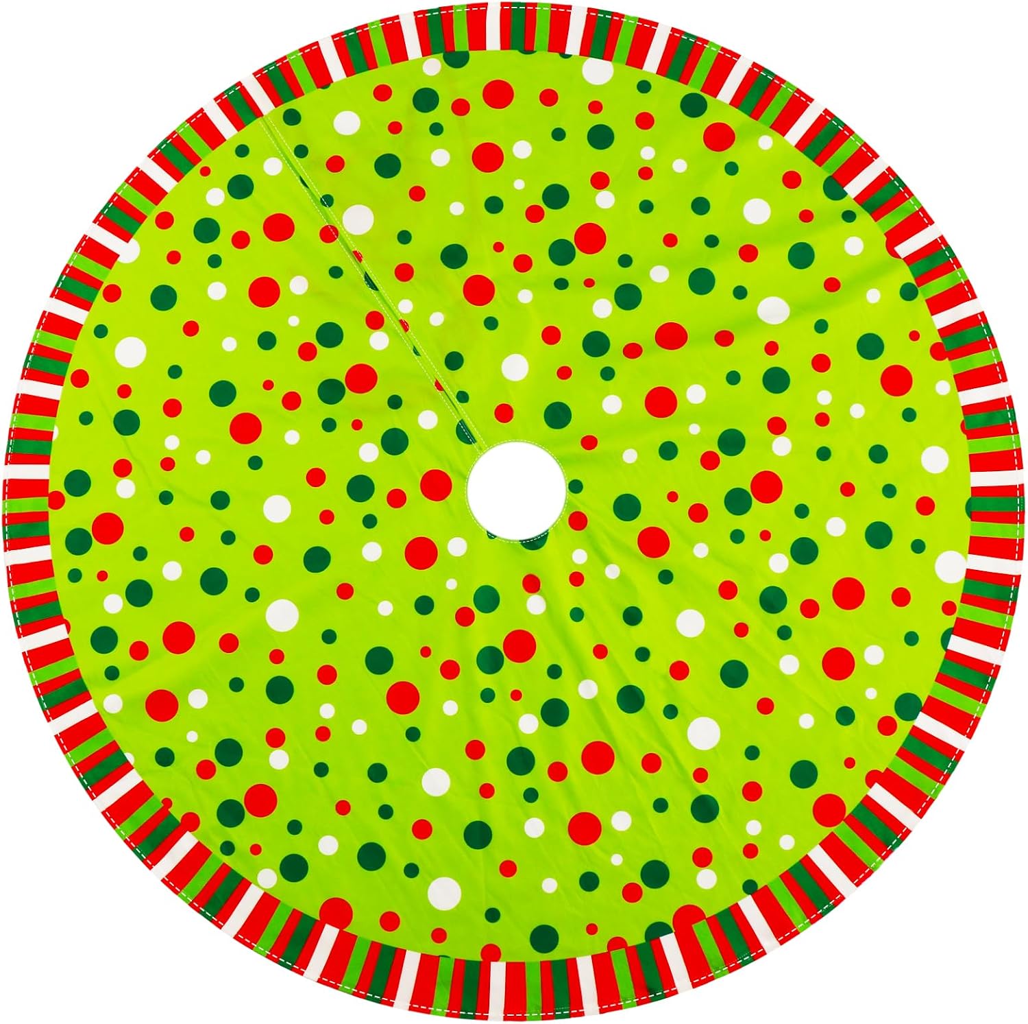 Christmas Tree Skirt 48 Inches, Velvet Stripes Trimmed Tree Skirt with Red Green White Polka Dots Design for Holiday Party Decor