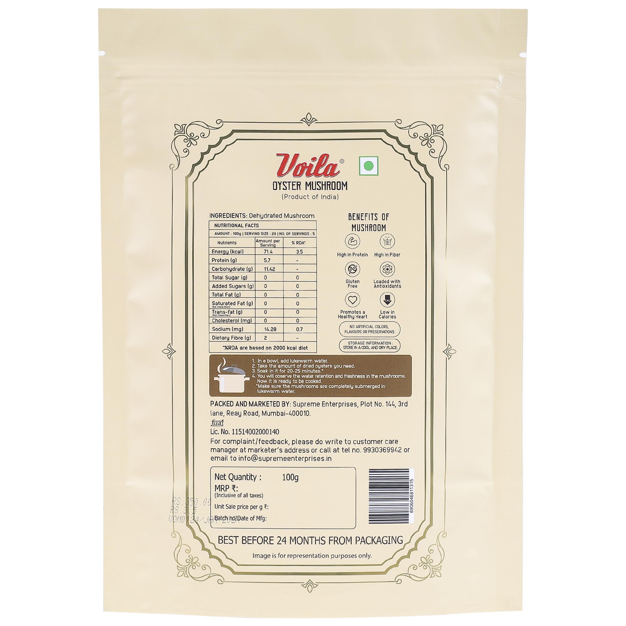 Voila Premium Dried Oyster Mushrooms 100g | High Protein | Gluten-Free | Natural Dehydrated Mushrooms | High Protein & High Fiber | Gluten Free | No Artificial Colors or Preservatives | Ideal for Soups, Stir Fry, Pasta & Asian Recipes. (5G Protein per 20 gm) 1