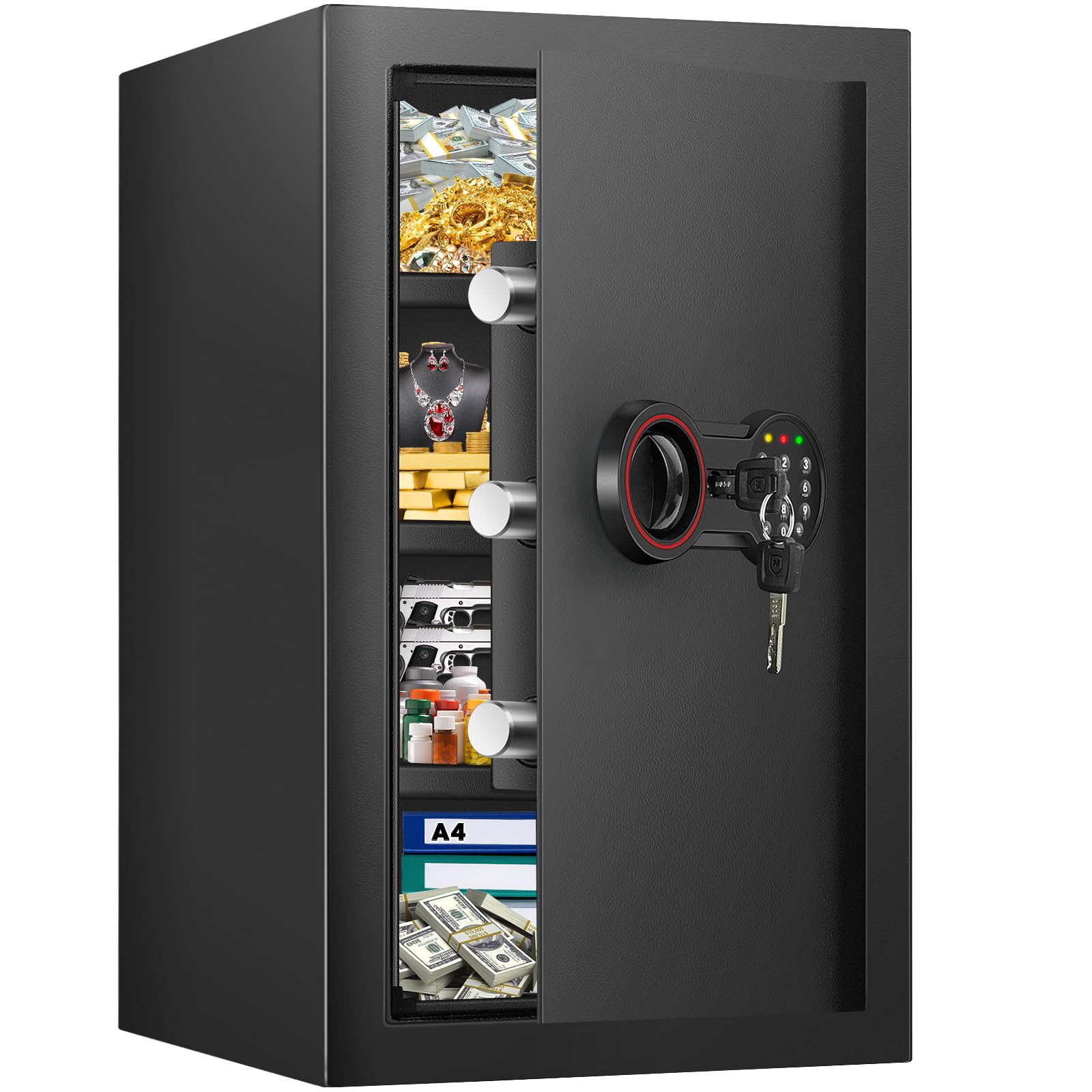 3.8 Cub Large Safe Box Fireproof Waterproof, Anti-theft Fireproof Safe with Digital Keypad, Spare Keys and 3 Removable Shelf, Security Home Safe for Money Firearm Valuables