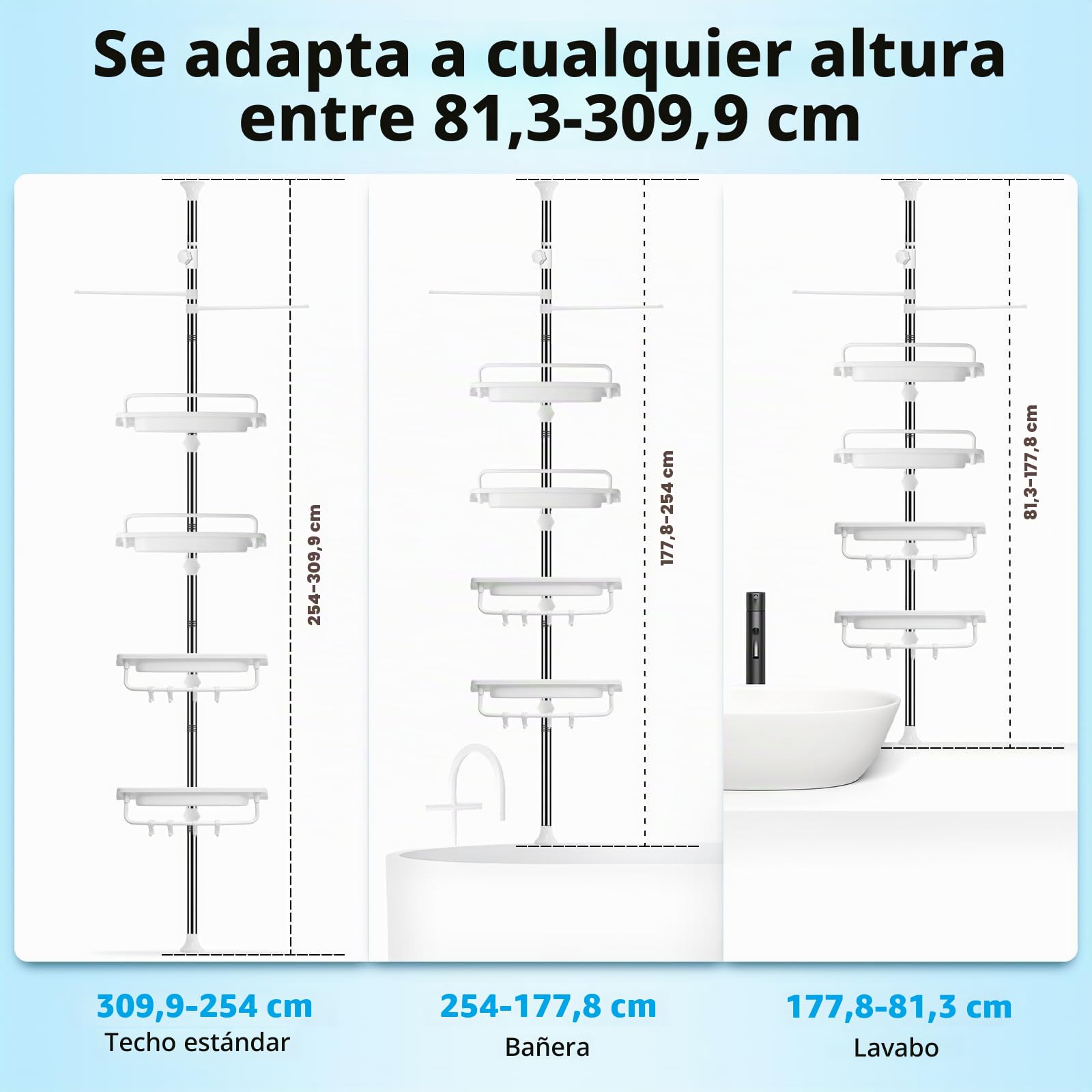 XLHOMO Estante de Ducha esquinero de 32 a 122 Pulgadas, Barra de tensión, Color Blanco, estantes de Ducha inoxidables sin taladros para baño, bañera, Lavabo, Organizador de Ducha Ajustable con