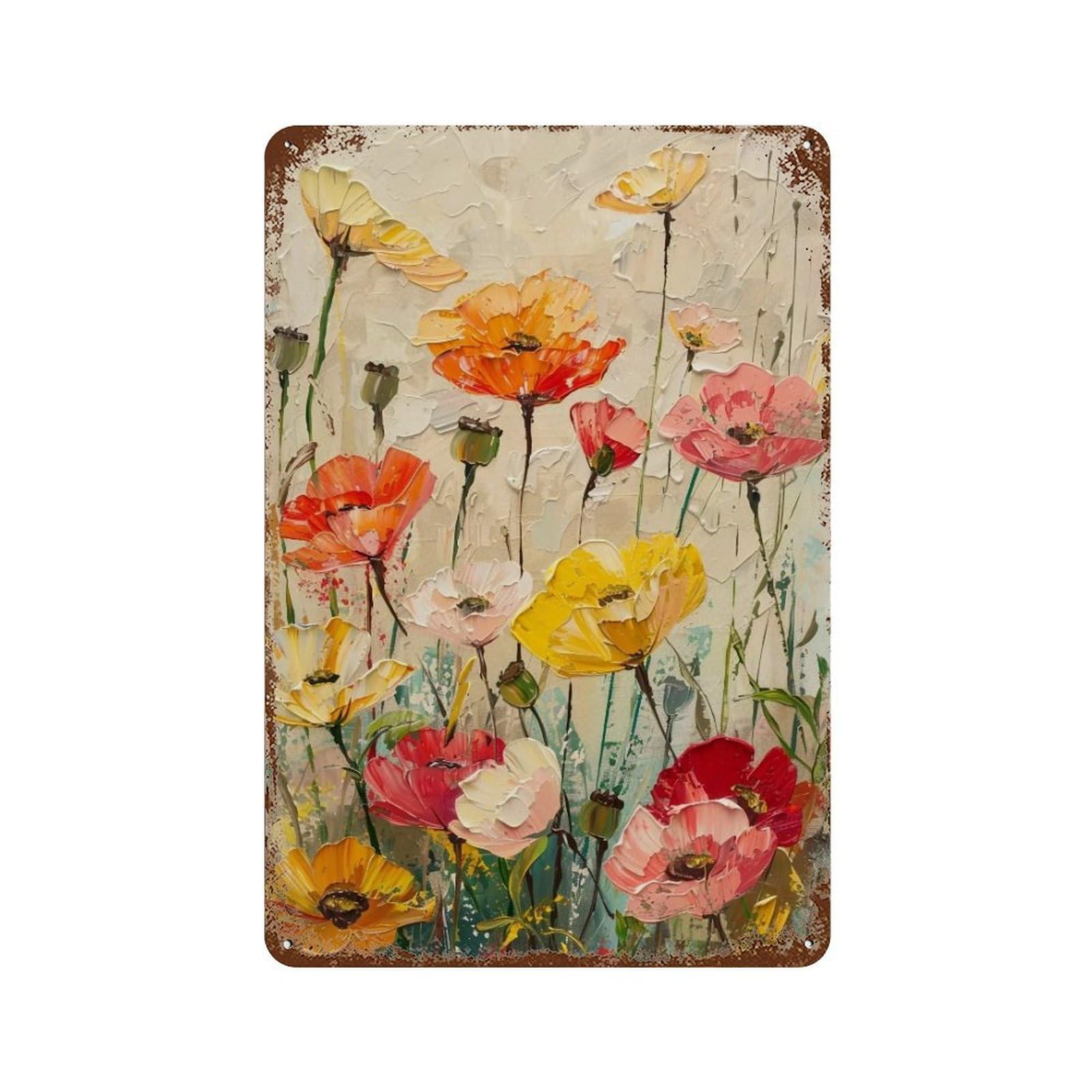 Wihyrtui Style Textured Impasto Warm Palette Poppy Overlay 03 Wall Retro Iron Metal Tin Sign Vintage Art Poster Modern Home Cofffee Club Art Bar Shop Decor 30X20cm