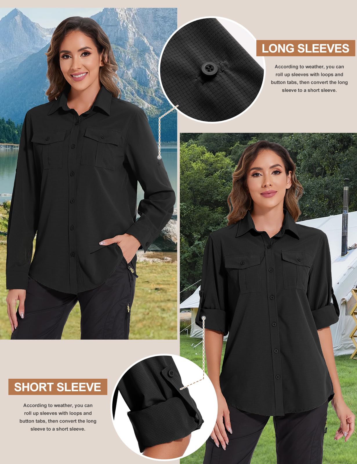 Tuopuda Blusa de Manga Larga para Mujer con Cuello en V Suelta Camisa de Secado Rápido con Bolsillos,UPF 50+Protección UV Informal Top Deportivo para Safari,Camping,Viajes