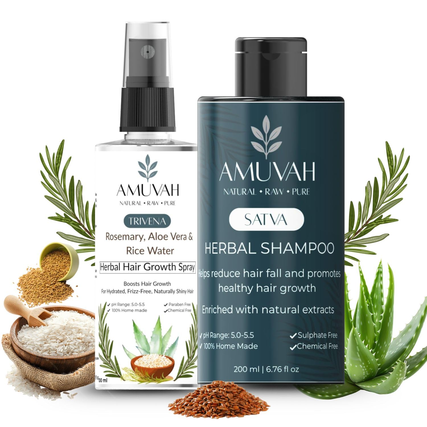 Hair Care Combo | Rosemary Aloe Vera & Rice Water Hair Spray (100ml) + Herbal Anti-Hairfall Shampoo (200ml) | Controls Frizz, Reduces Hair Fall, Strengthens Roots | Natural, Sulphate & Paraben Free | For Men & Women-image-35