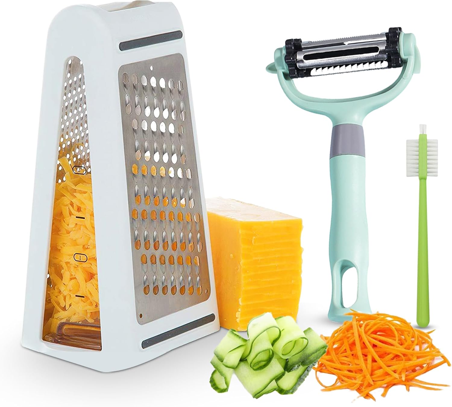 Cheese Grater, Stainless Steel 2-Sided Graters for Kitchen Box Grater for Cheese,Vegetables and Ginger Cheese Grater with Container and Vegetable Peeler- Potato Grater for Kitchen