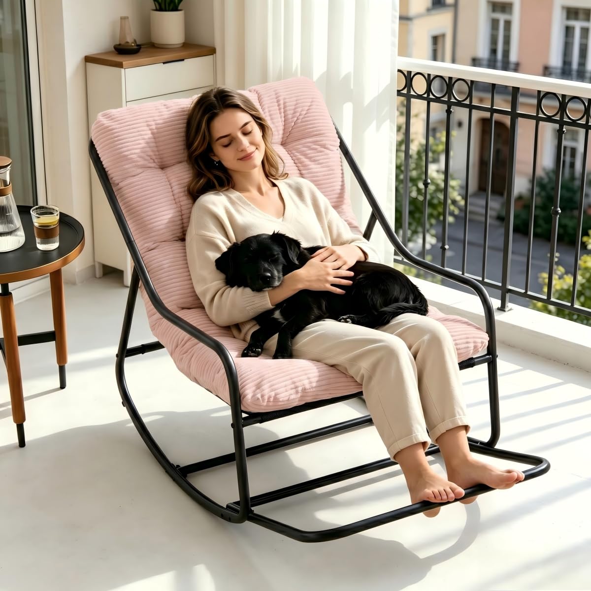 Schaukelstuhl Loungesessel ohne Armlehnen, Lesenstuhl Relaxstuhl mit Metalrahmen, Stuhl drinnen & draußen für Wohnzimmer Balkon Garten, Cord Pink