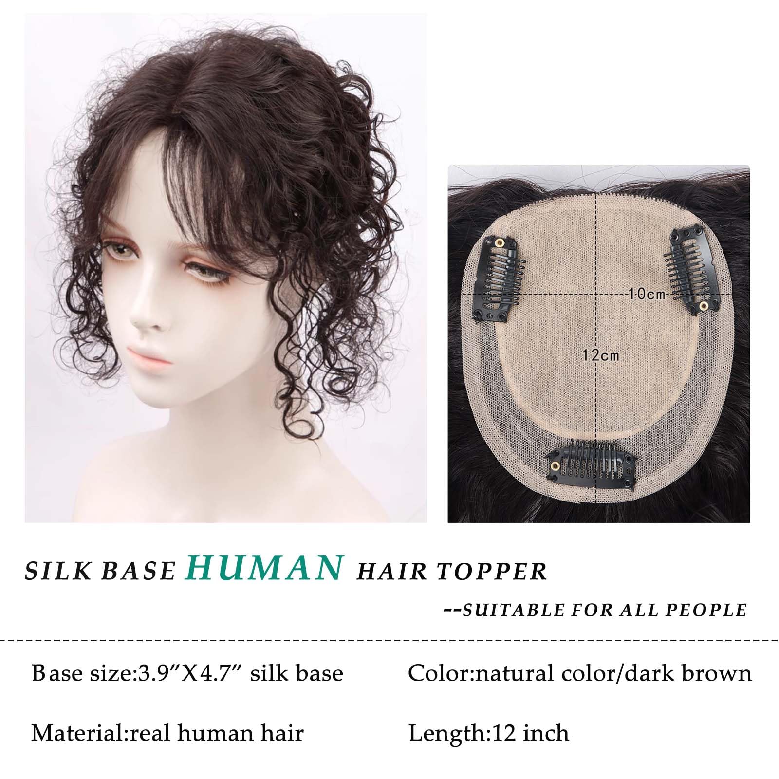 Echthaar-Topper mit Seidenbasis für Damen, 30 cm lange Clip-in-Ponyfrisur, lockig-wellig, ideal für dünnes Haar, 10 x 12 cm Basis mit Clips, 100% Echthaar, dunkelbraun
