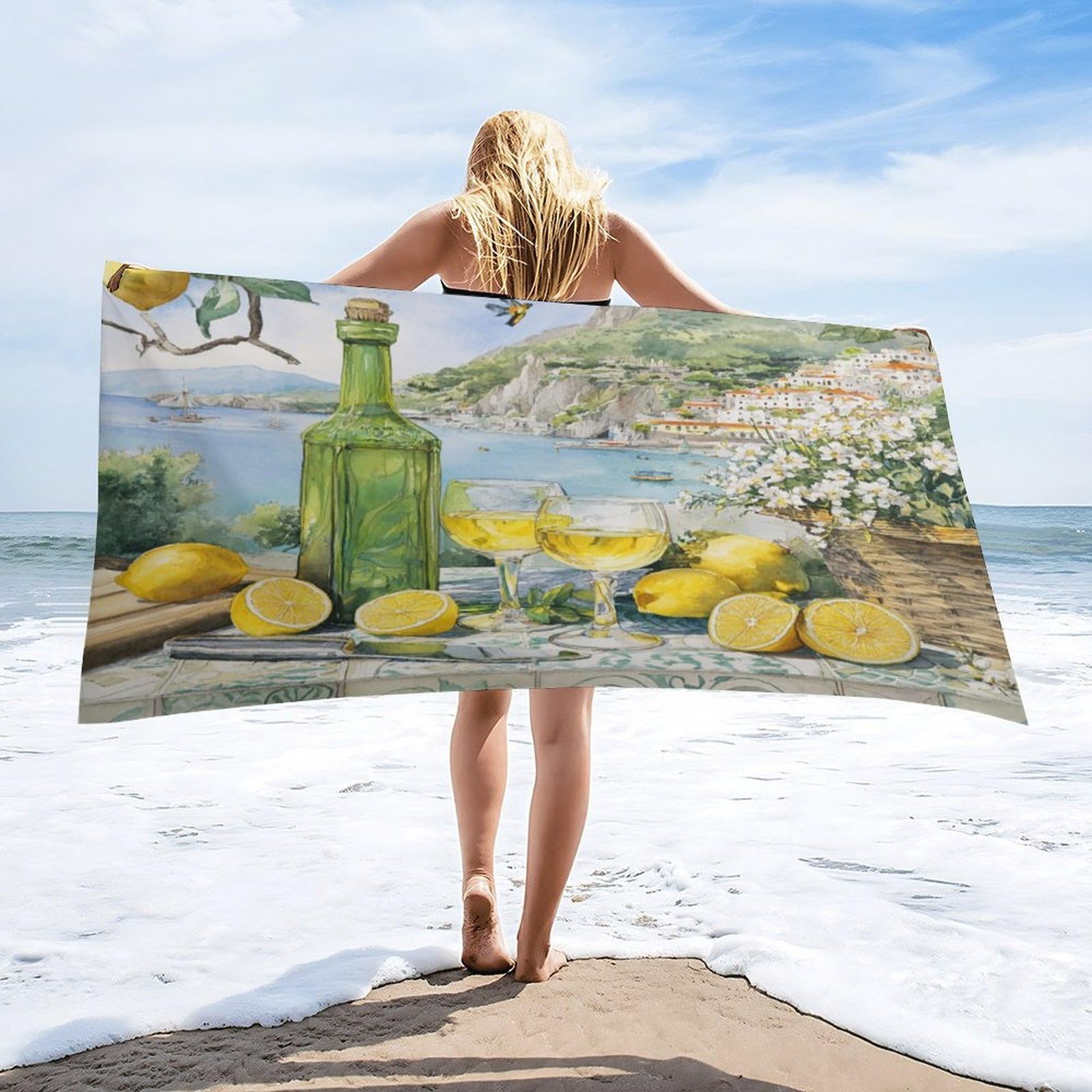 Luyysky Colorful Abstract Fruit Lemon Absorbent Beach Towel, Classic Oil Painting European Italian Nautical City Plant White Floral Outdoor Single-Sided Velvet Beach Towel-80 W Cm X 160" L Cm