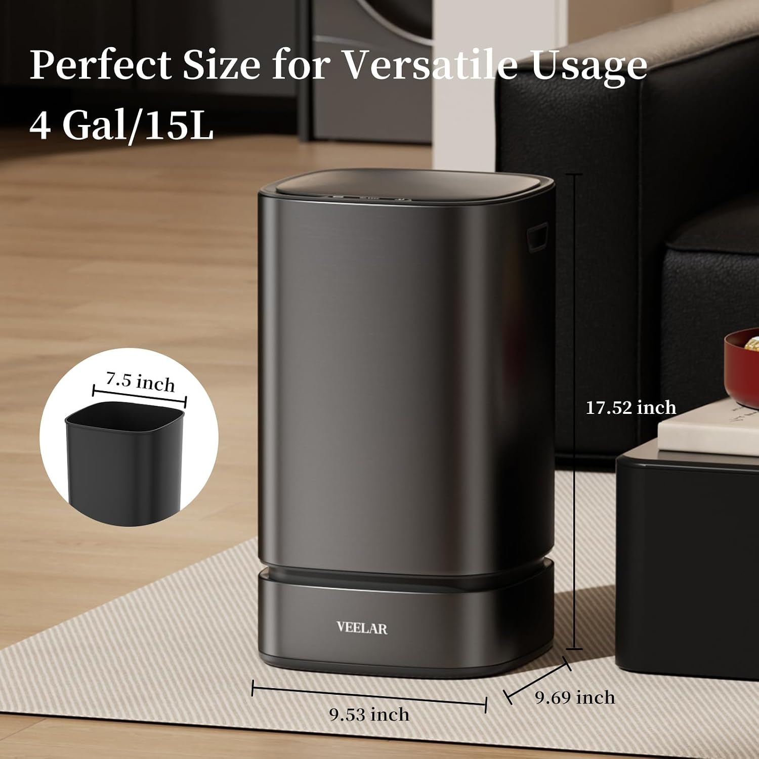 Motion Sensor Trash Can - Automatic Touchless 4 Gallon Garbage Bin for Bathroom, Bedroom, Kitchen, Office (Stainless Steel 4Gal/15L)