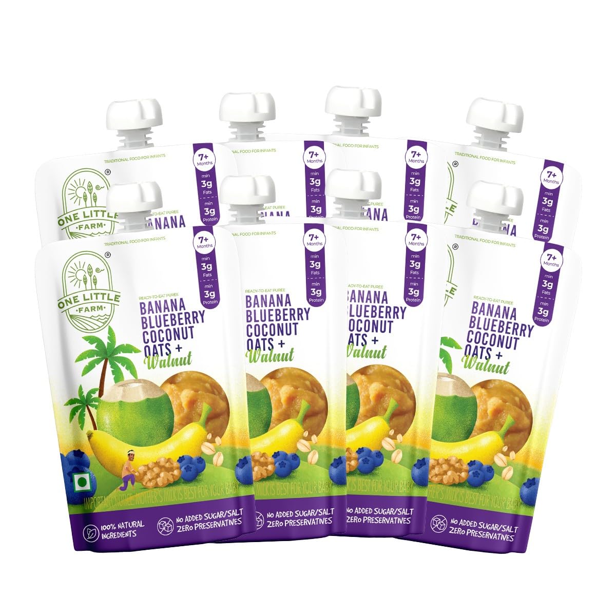 One Little Farm Baby Food Puree Pouch | 7+ Months | Banana Blueberry Coconut Oats, Walnuts | 100% Natural, No Preservatives, No Sugar | 4g Protein, 4g Healthy Fats | Ready-to-Eat | Pack of 8, 100g each