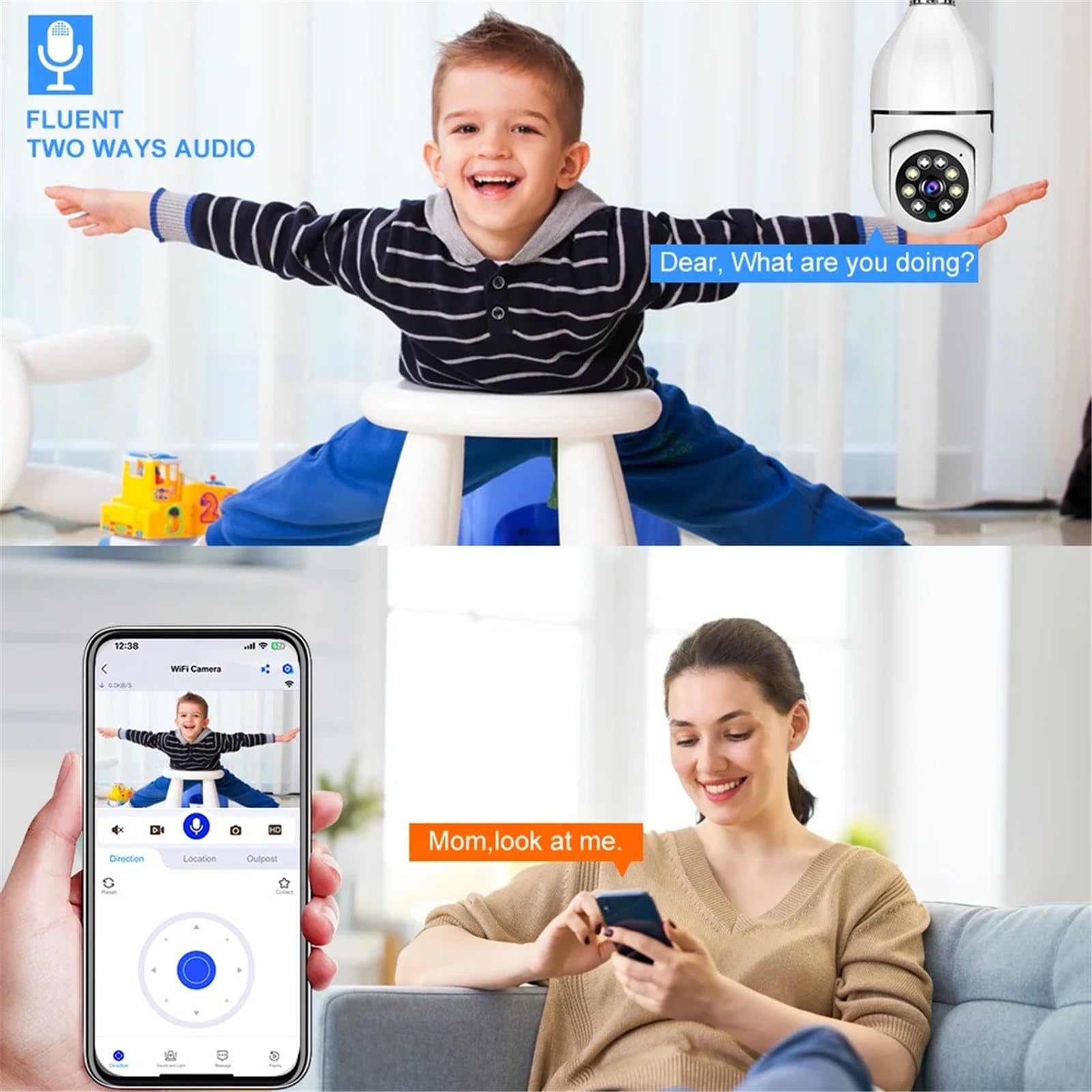 Kamera bezpieczeństwa, Kamera IP WiFi E27 Kamera z żarówką Bezprzewodowa niania HD Bezprzewodowa niania Śledzenie AI Bezpieczeństwo Nadzór wideo Kamera dla zwierząt w pomieszczeniach(Cam No SD Card)
