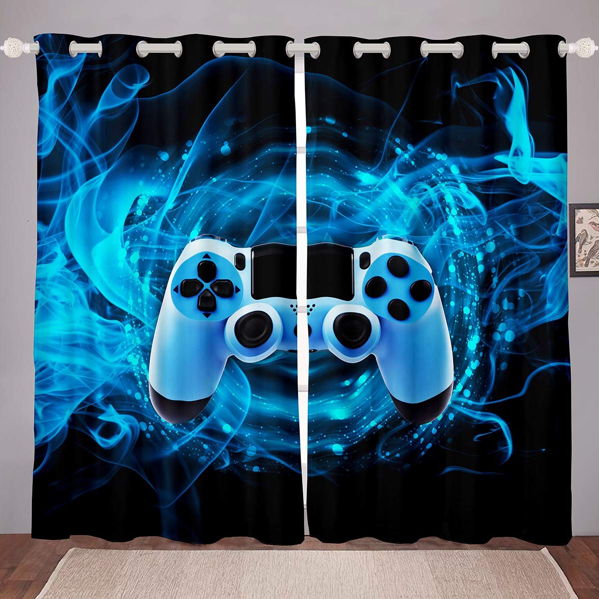 Loussiesd Games Curtain for Gaming Bedroom Living Room Gamer Room Curtains Kids Boys Video Game Gamepad Window Drapes Console Game Controller Curtain Blue W46*L72
