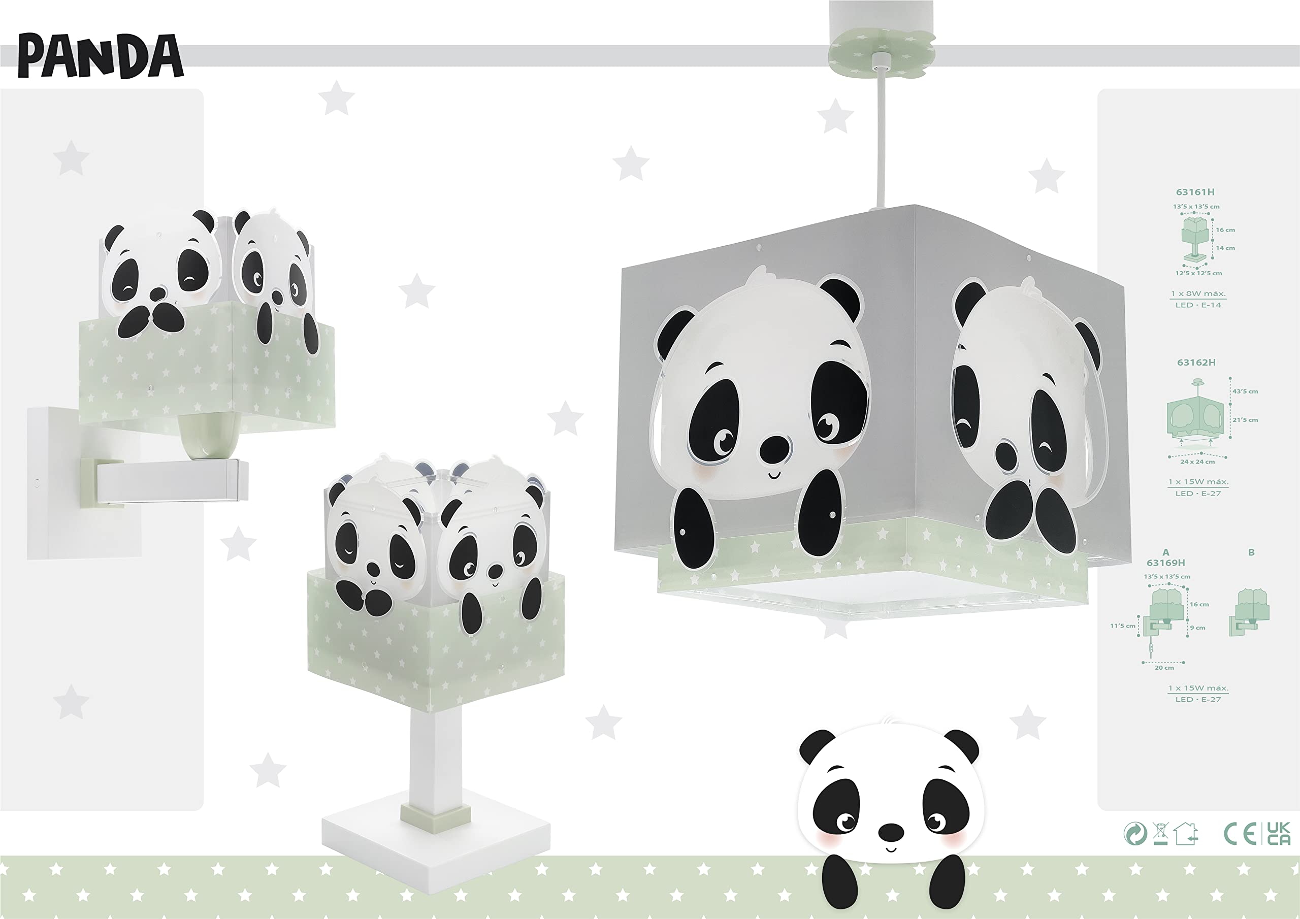 Dalber kinder Wandlampe, Kinderlampe Wandleuchte kinderzimmer Wolken tiere Pandabär Panda Grün, 63169H, E27