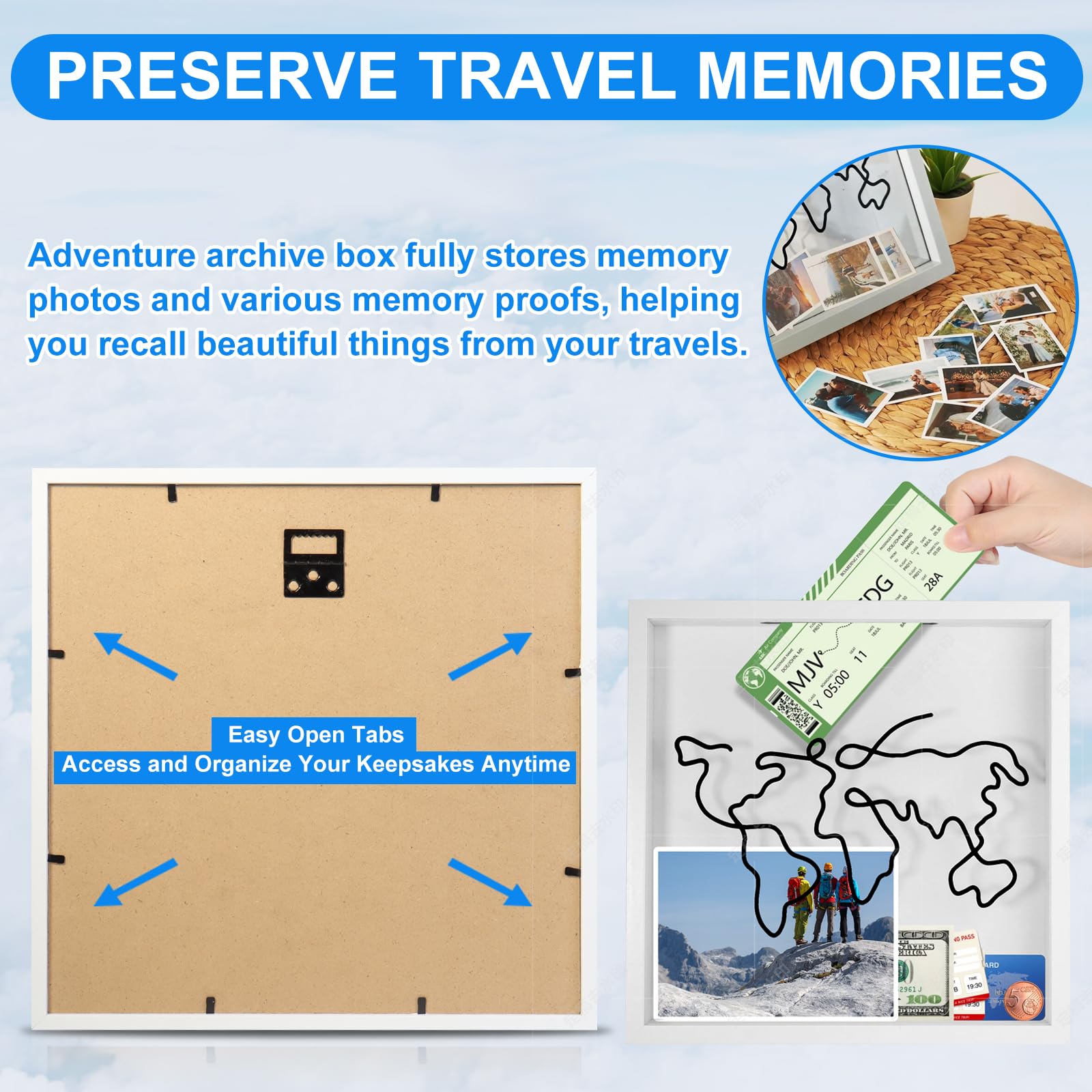 Scatola Ricordi Viaggio 3D 29x29 Cm - Con Fessura Per Biglietti E Foto, Design Mappa Del Mondo