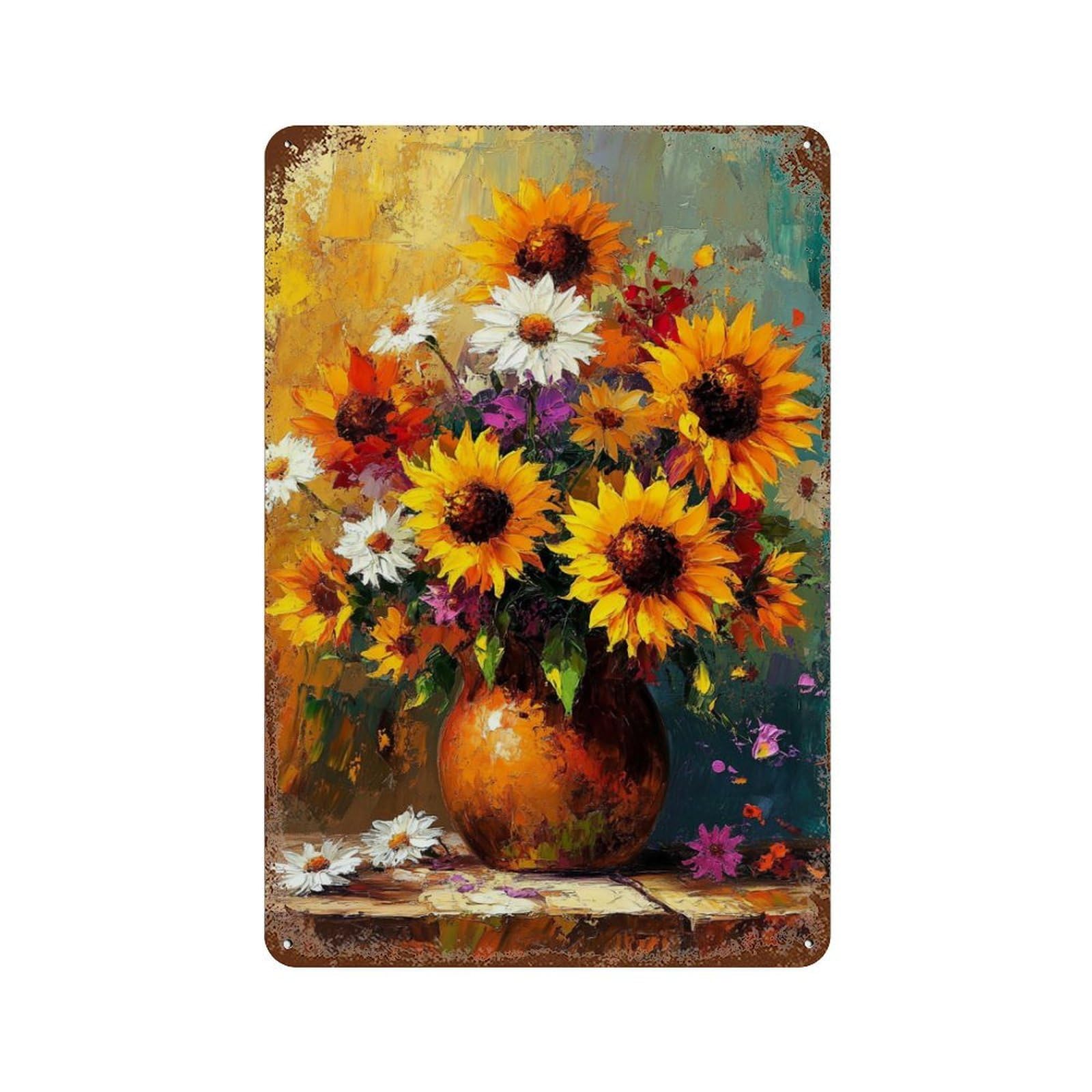 Garage Style Sunflower Bouquet Painting Weathered Tin Sign 11.8"x7.9", Shabby Chic Decor for Bar And Workshop
