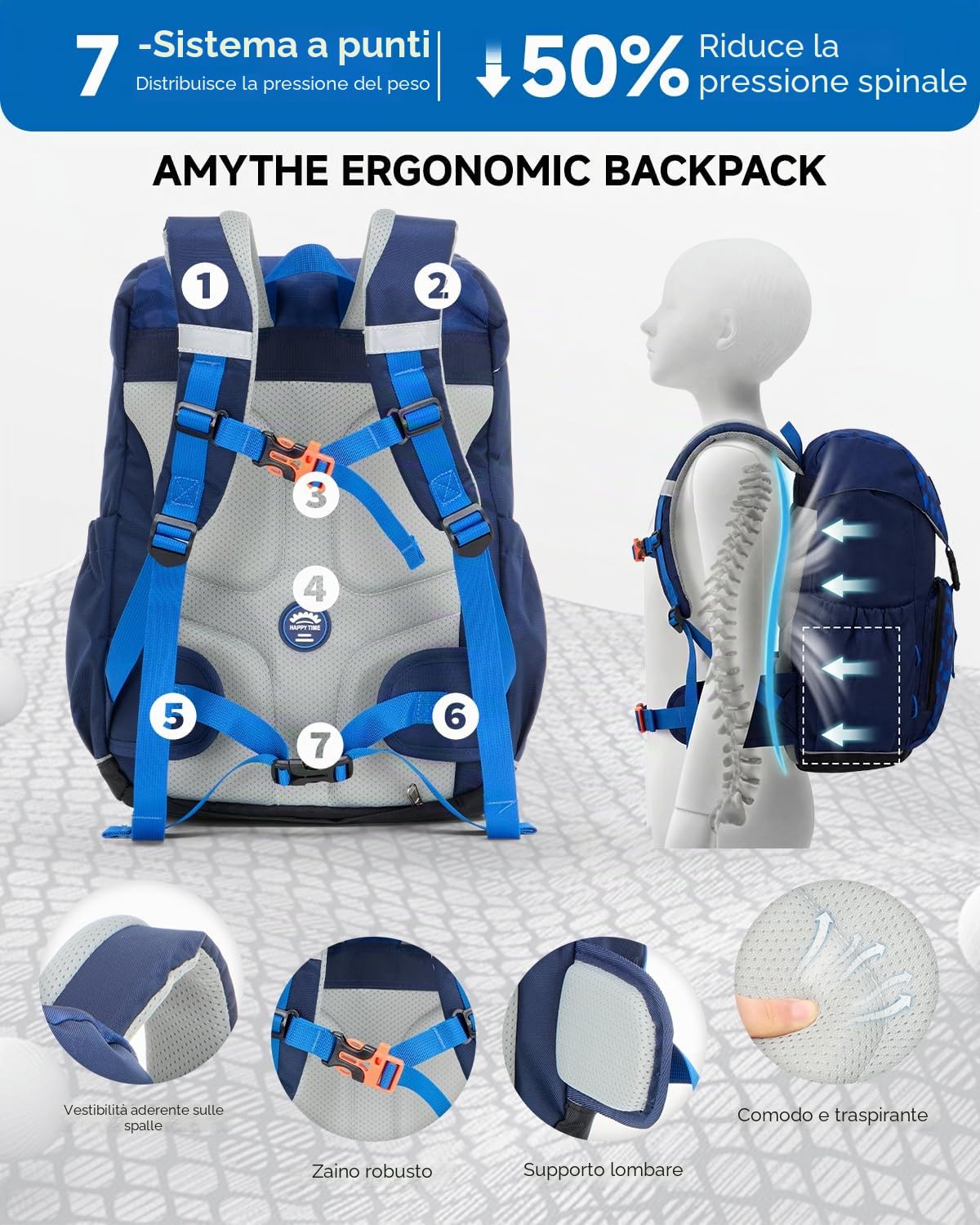 Amythe Zaino Ergonomico Ragazzo dalla 1a Elementare Scuola Outdoor | Zaino Ergonomico Bambini 6-12 Anni Cintura Copertura Supporto Lombare