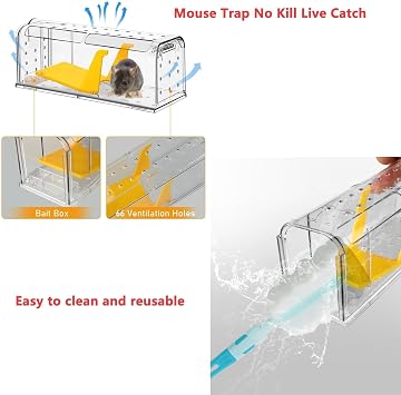 2 Pack Humane Mouse Traps for Indoors No Kill Live Catch,Pets and Children Friendly Mouse Trap Mice Release Mouse,Washable Reusable Outdoors Rat Traps with Cleaning Brush,Field Mouse Rodent Control