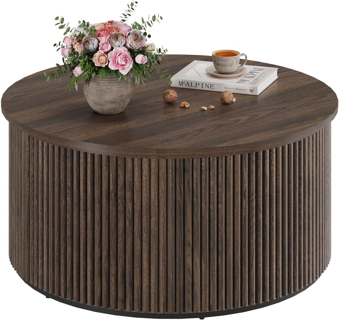 FATORRI Round Coffee Table, Fluted Woodern Center Table with Storage, Mid-Century Modern Cocktail Tables for Small Space, Living Room, Bedroom (31.5 Inch, Dark Walnut) Dark Walnut Round