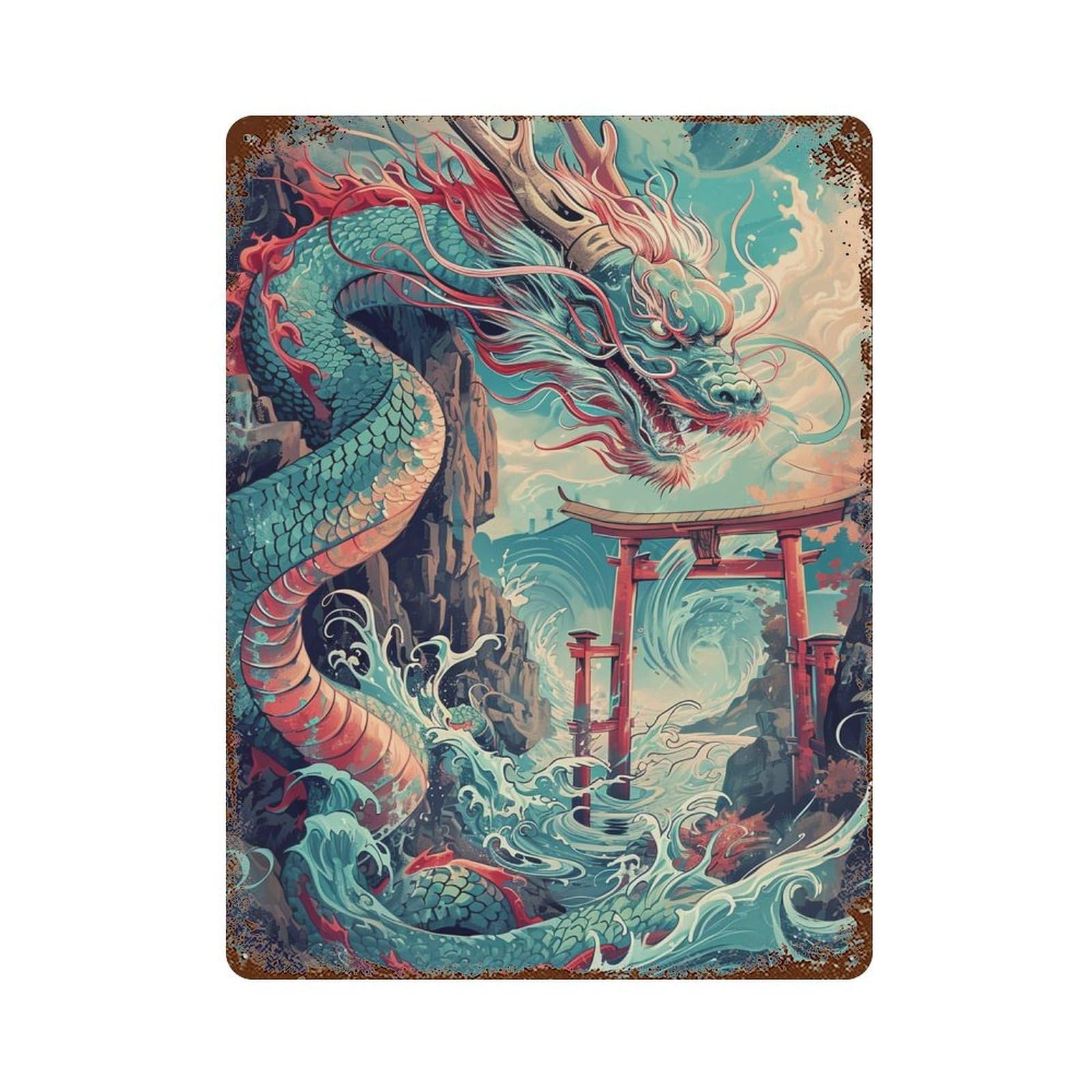 Dragon Torii Gate Waves Retro Metal Sign 15.7"x11.8", Decorative Metal Wall Art for Basement, Hobby Room And Garage Decor