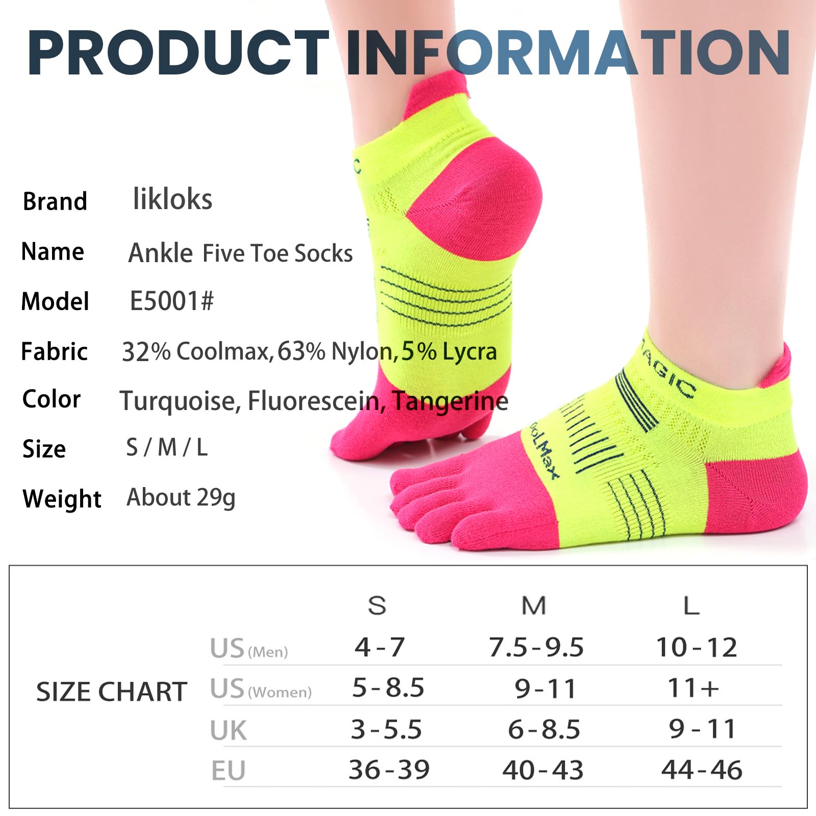 likloks Toe Socks Colorful High Performance Athletic Running Five Finger Socks for Men Women Ankle-Medium (3 Pairs)