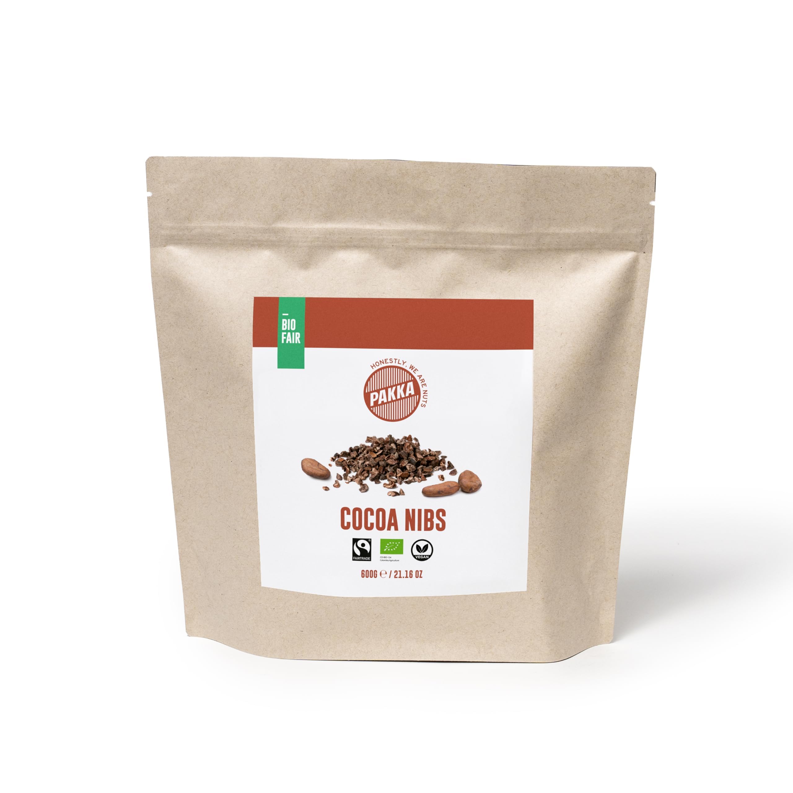 PAKKA Bio Fairtrade Kakao Nibs, 600g, Öko & Fair, Cacao Cocoa Nibs, direkt hergestellt und abgefüllt vom Produzenten in Kolumbien, vegan,600 g (1er Pack))