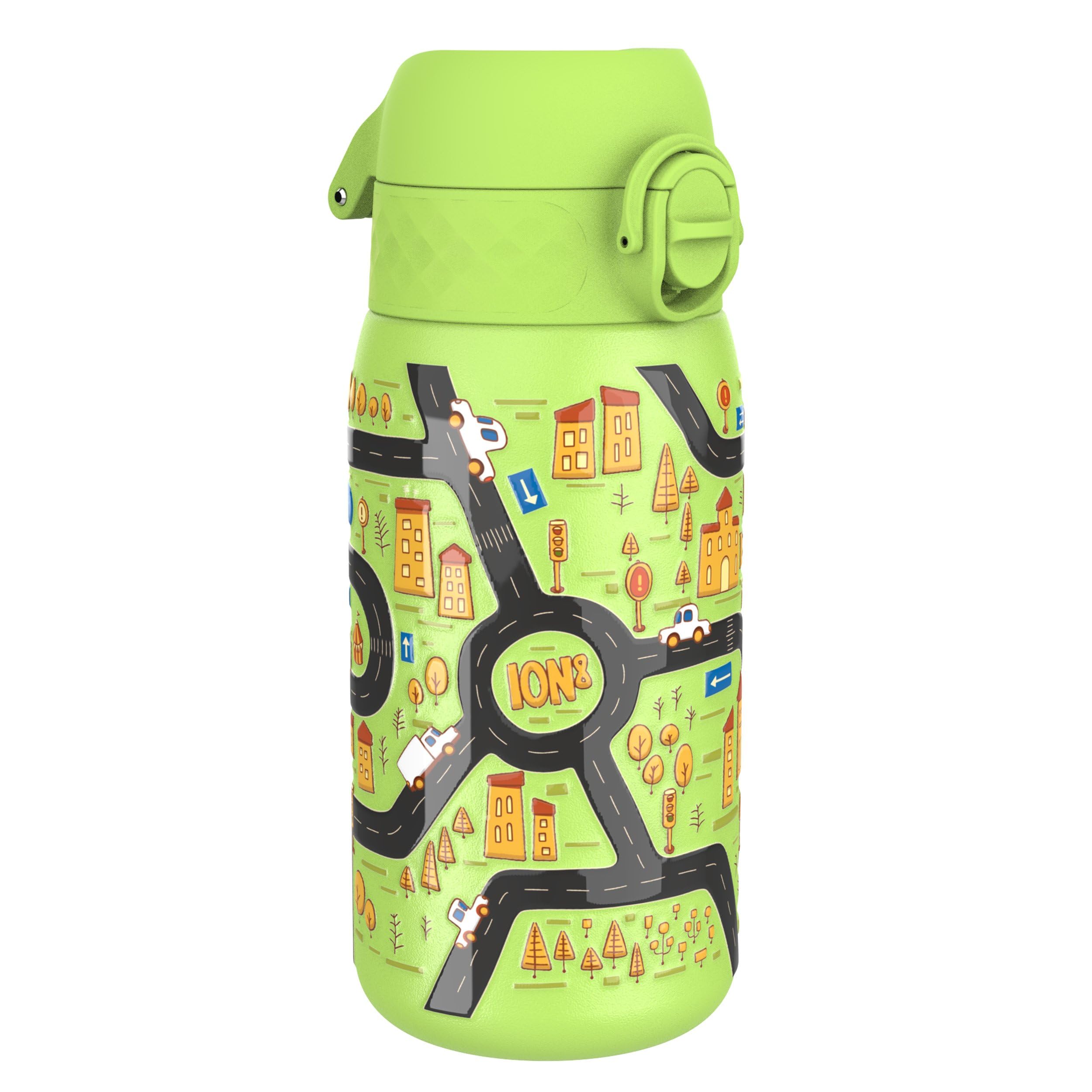 Ion8 Lightweight Steel Kids Water Bottle, 400ml/13oz, Non-Insulated, Leak Proof, Easy to Open, Secure Lock, Dishwasher Safe, Fits Cup Holders, Carry Handle, Metal Water Bottle, Green, Cars โ image 1