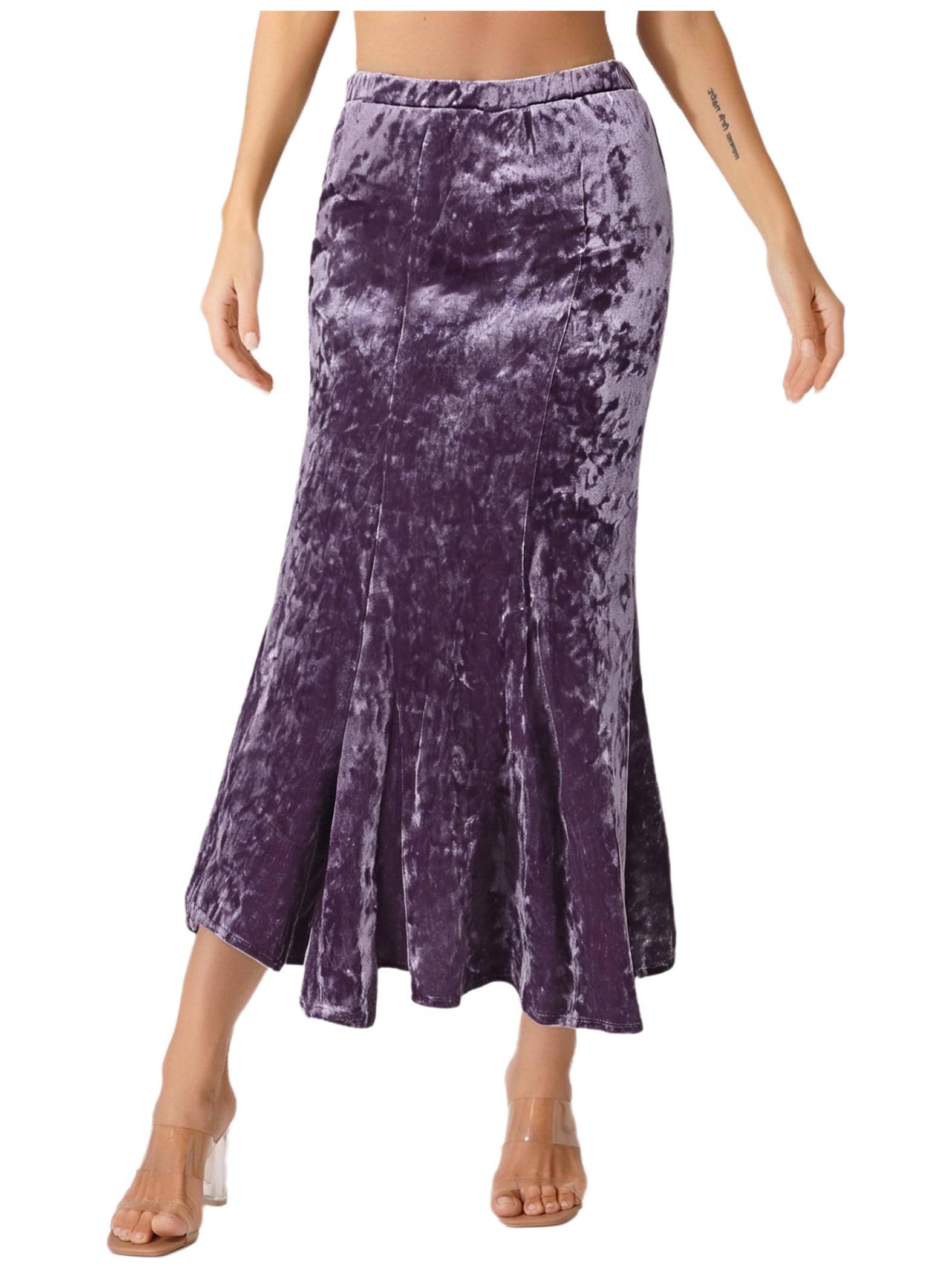 JEYPINMI Womens High Waist Velvet Midi Skirt Elegant A Line Elastic Waistband Bodycon Mermaid Skirt