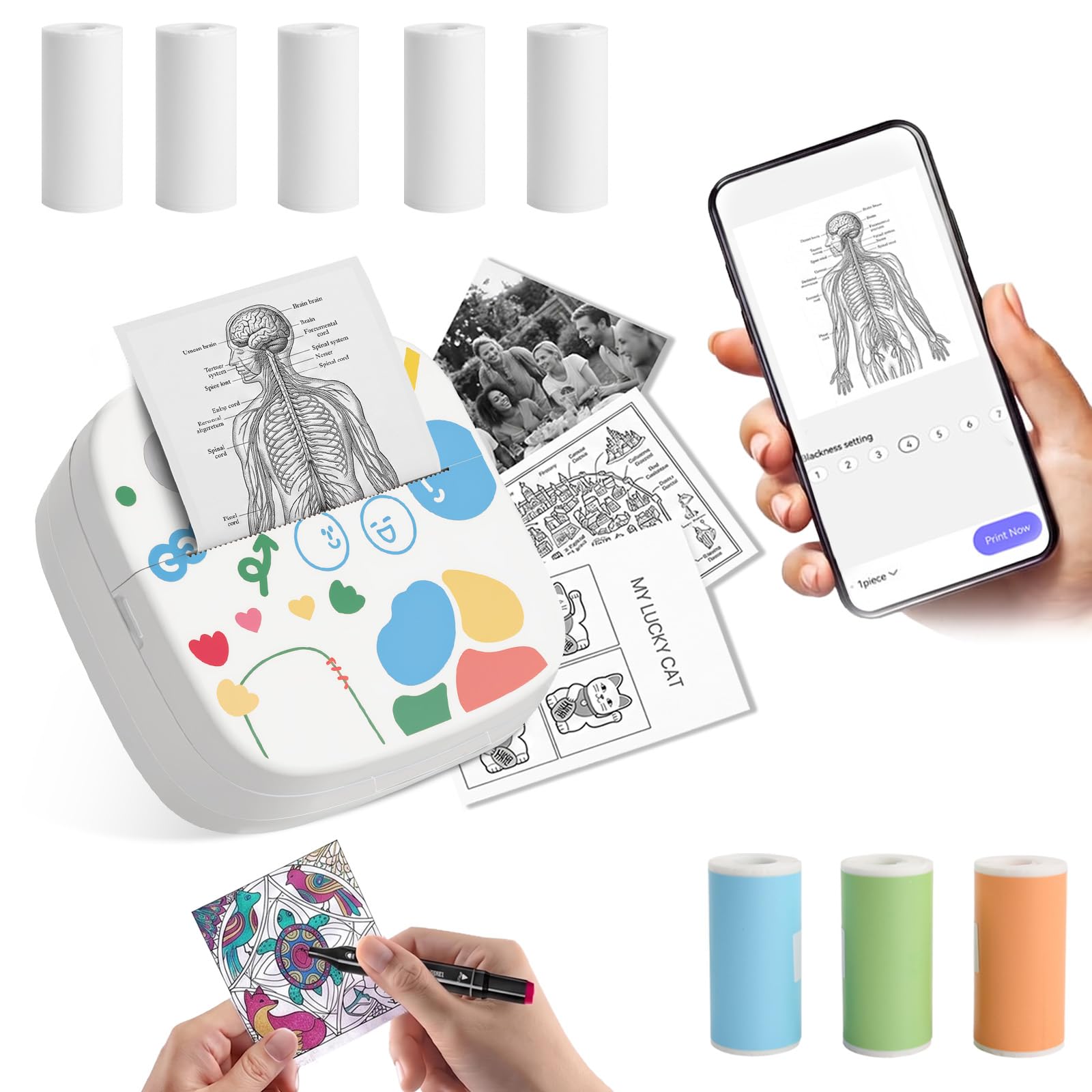 Mini Impresora Térmica con Conexión Inalámbrica, Impresora Fotográfica Portátil para Smartphone, Etiquetas Autoadhesivas Sin Tinta, para Fotos, Notas y DIY, 9 Rollos Incluidos