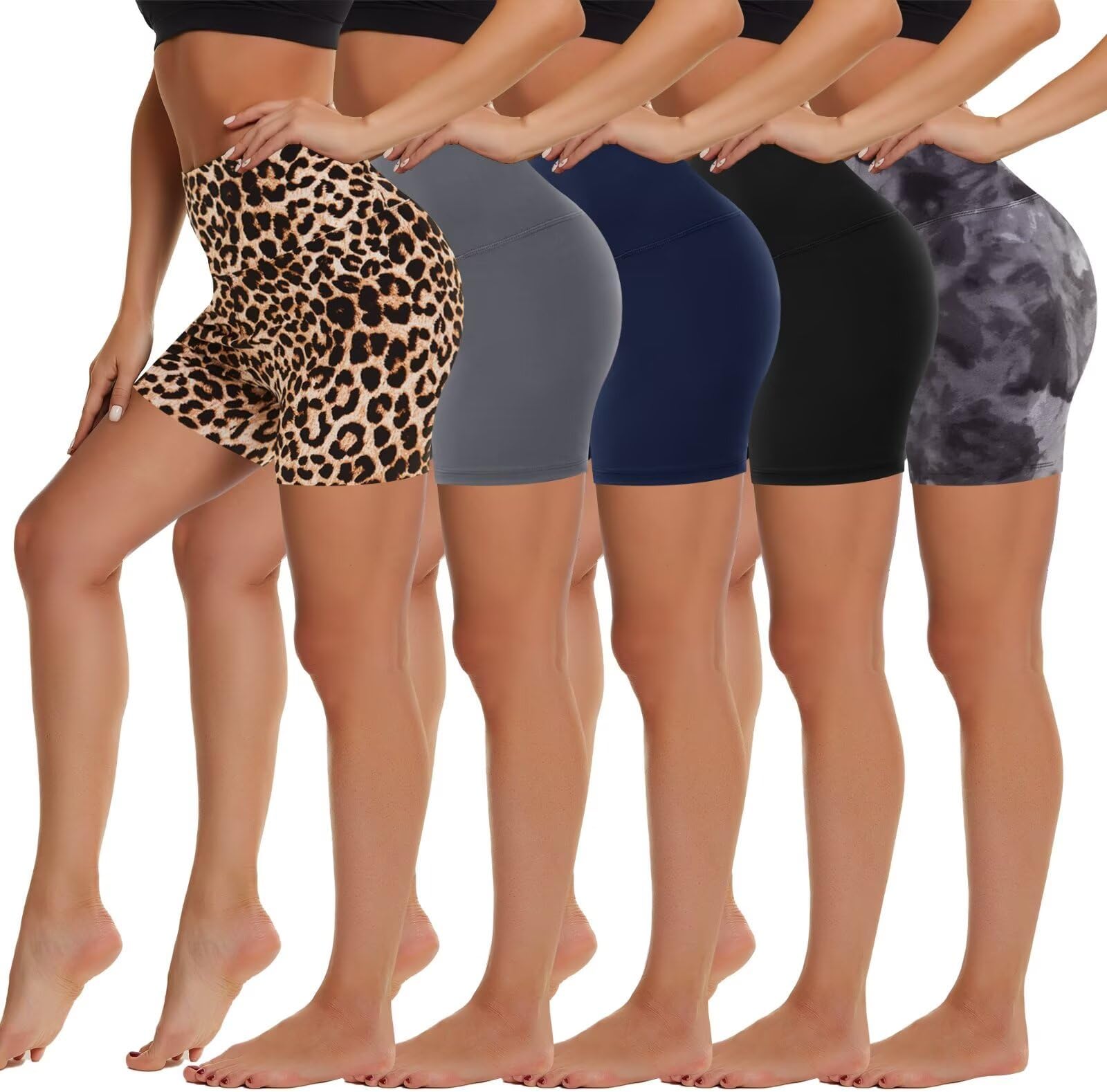 HIGHDAYS 5 Pack Biker Shorts Women - 5"/8" High Waist Spandex Workout Yoga Running Athletic