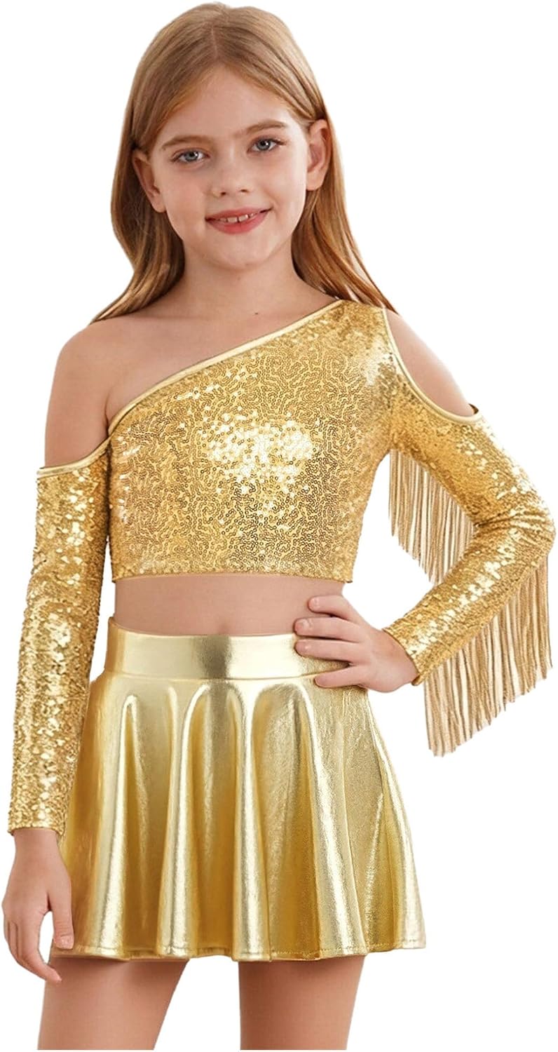 Choomomo Girls Sequins Tassel Crop Top with Metallic Pleated Skirt Sparkly Stage Performance Dancewear