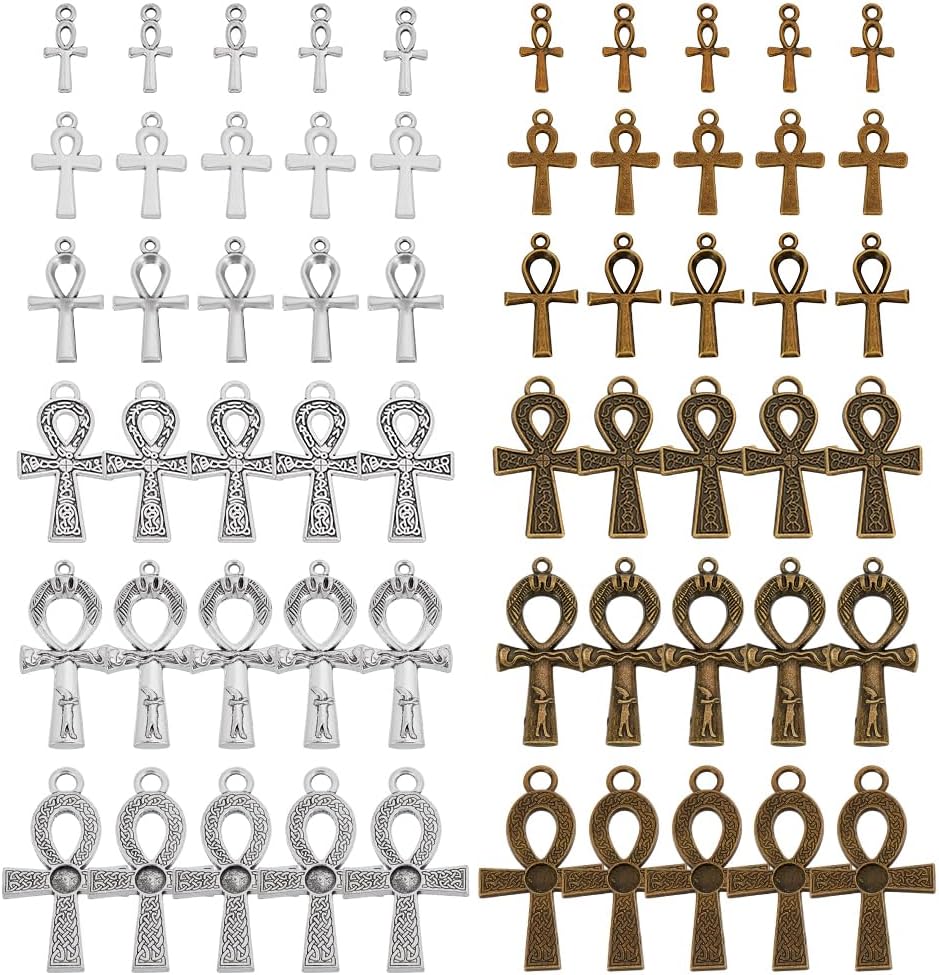 PH PandaHall 60pcs 6 Styles Ankh Cross Charms, 0.71.8 inch Cross Pendants Egyptian Metal Charms Vintage Charms Tibetan Pendants for DIY Crafts Earring Necklace Bracelet Ankle Keychain Jewelry Making