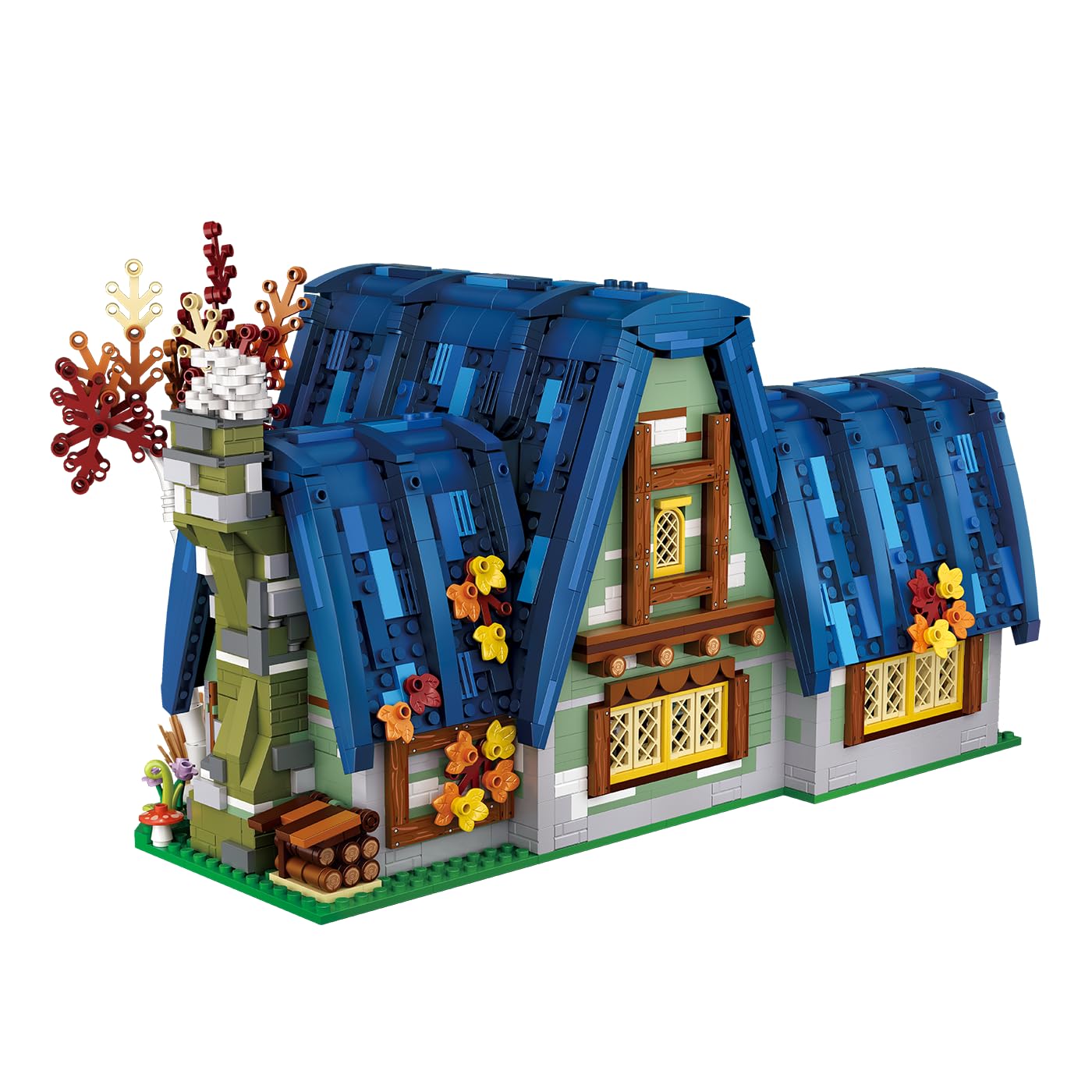 BlueBrixx Märchenhaus Mini Blocks, 2867 Klemmbausteine, 6 Minifiguren | Ab 14 Jahren, kleinerer Maßstab, blaues Dach, roter Blütenbaum, Blumen und Pilze am Sockel, für Sammler, 110154
