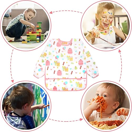 Vista 42 de Accmor 4 Pack Long Sleeve Bibs, Baby Smock Waterproof Sleeved Bib Smock for Baby Toddler 6-36 Months Dinosaurio azul/cerdo naranja/alce