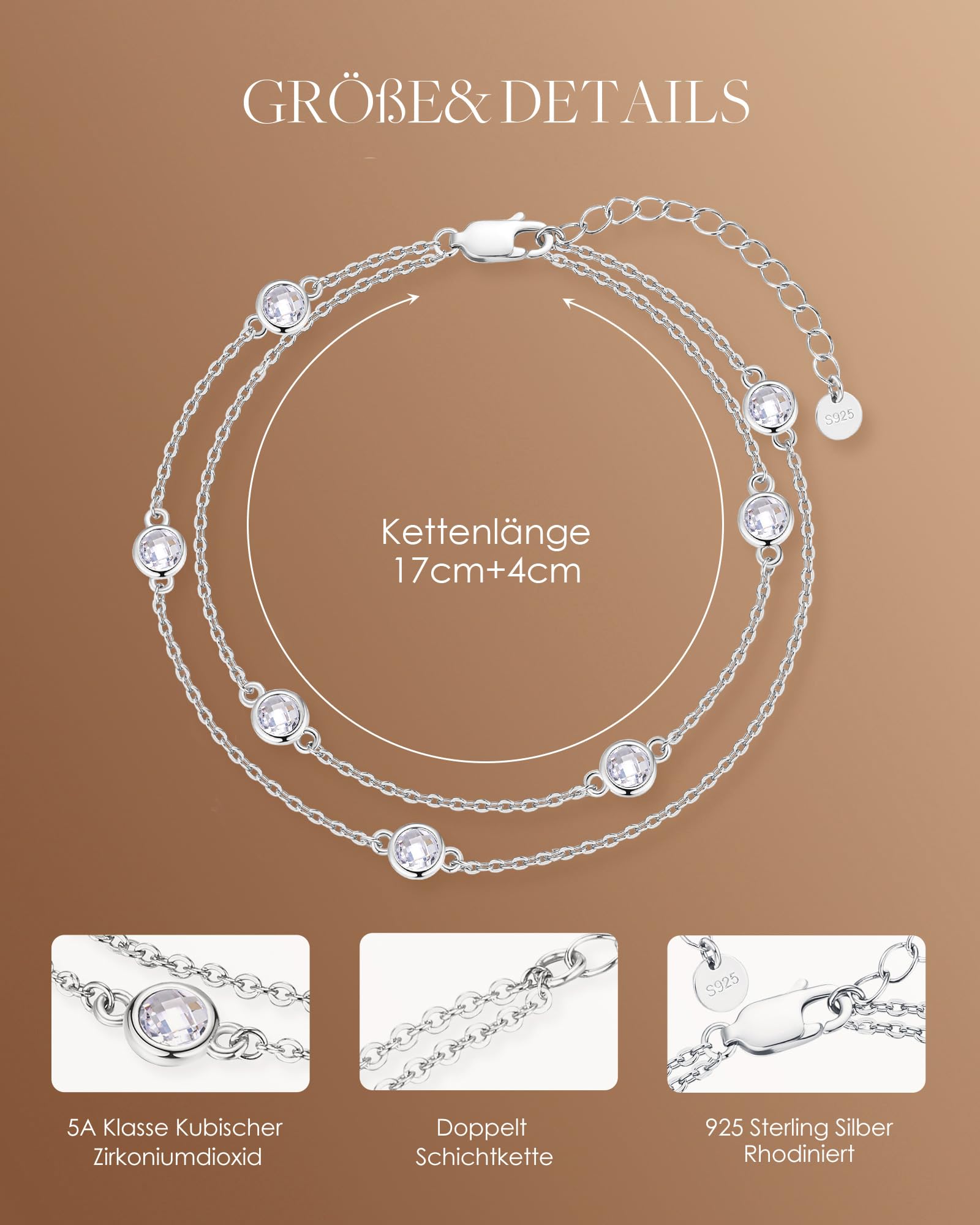 LOUISA SECRET Doppelkette Armband Damen 925 Sterling Silber Zirkonia Gold | Armbänder Verstellbar Valentinstag Muttertag Geburtstags Weihnachten Geschenk für Sie Frauen Freundin mama