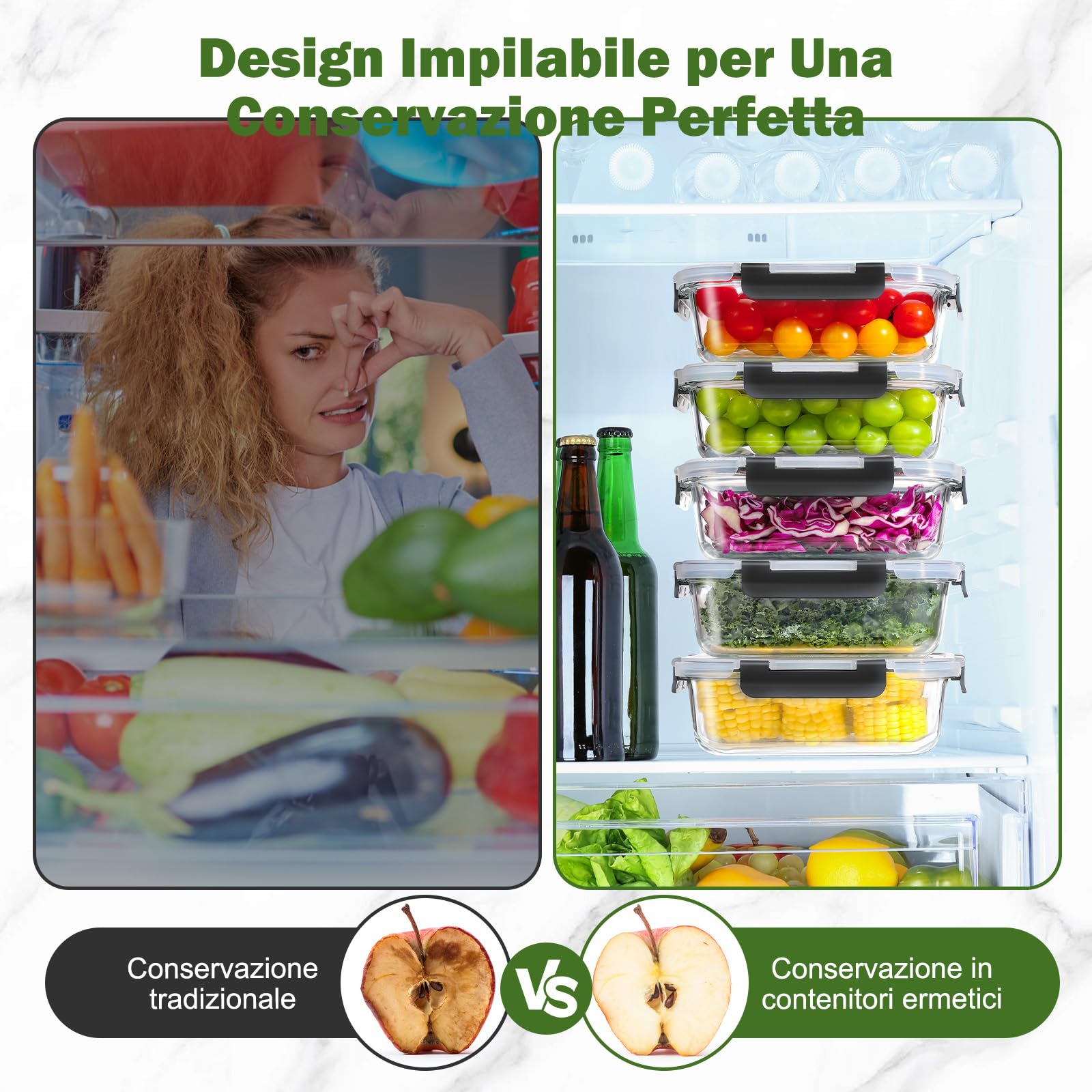 YASHE Set 12 Contenitori Vetro per Alimenti con Coperchi Ermetici, Senza BPA, Adatti a Microonde, Forno, Frigo e Congelatore, per Meal Prep, Nero