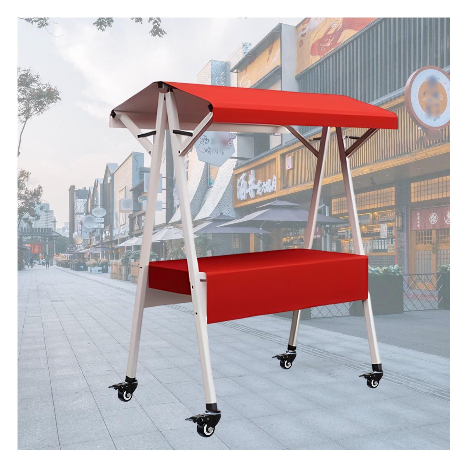 Chariot de vente pliable avec auvent rayé et verrou pour foires et marchés