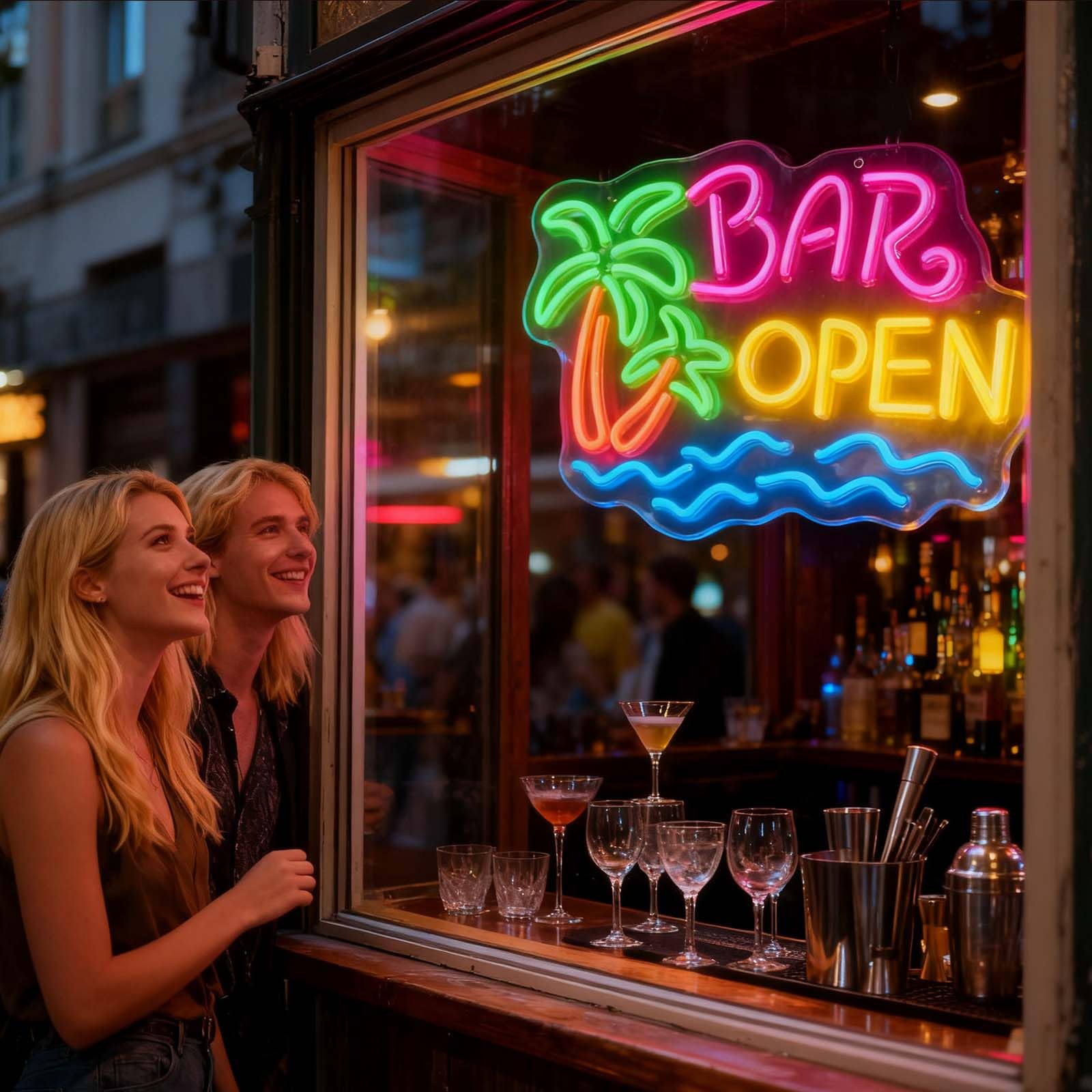 BAR OPEN neonowy znak, z możliwością przyciemniania, intensywność światła, palma i fala, dekoracja USB, dekoracja do domu, baru, na imprezę, z wiszącym łańcuszkiem (zielony + pomarańczowy + różowy +