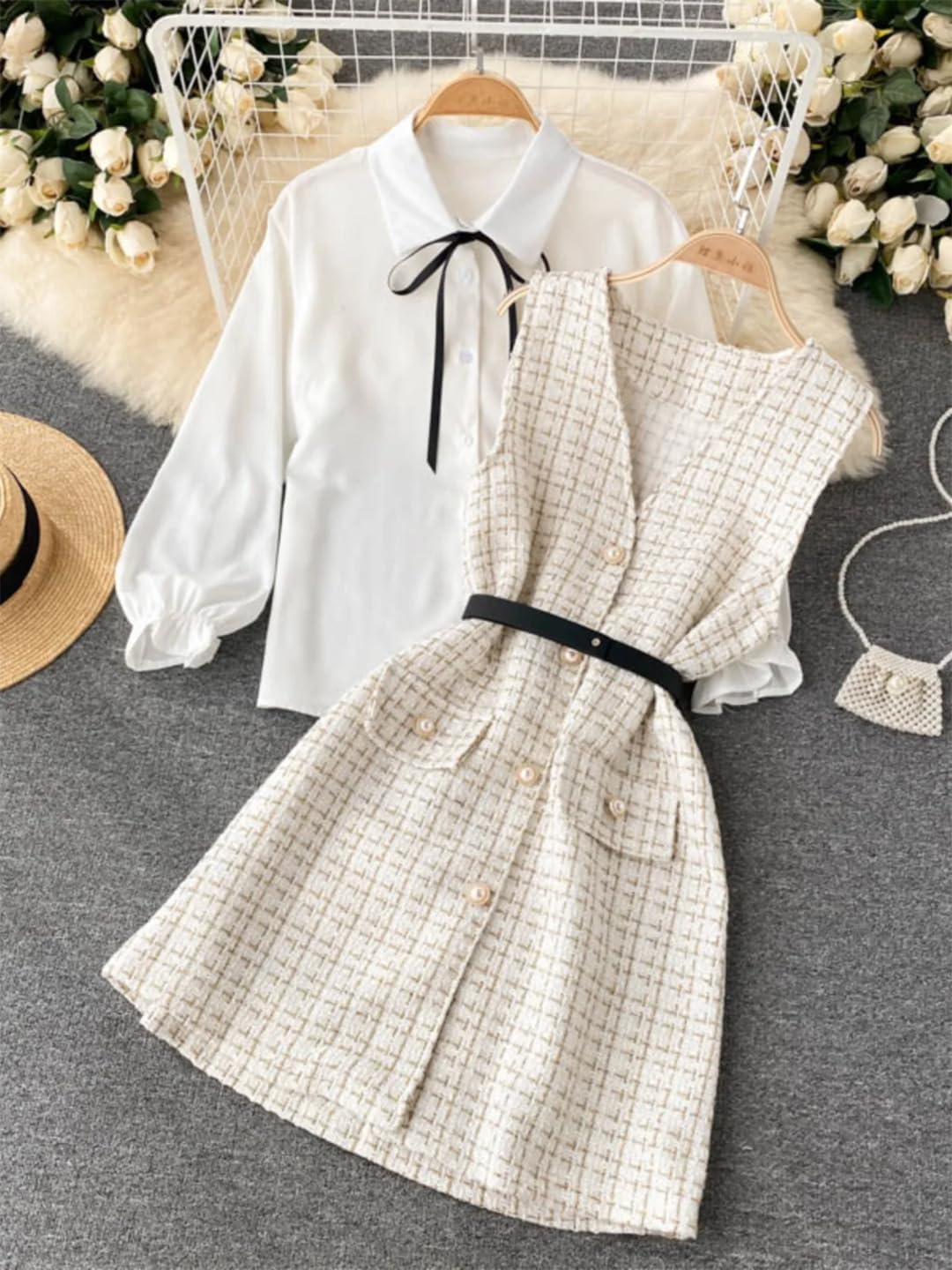 Women's Dress Puff Sleeve Shirt Strap Robe Lace Up Two-Piece Set