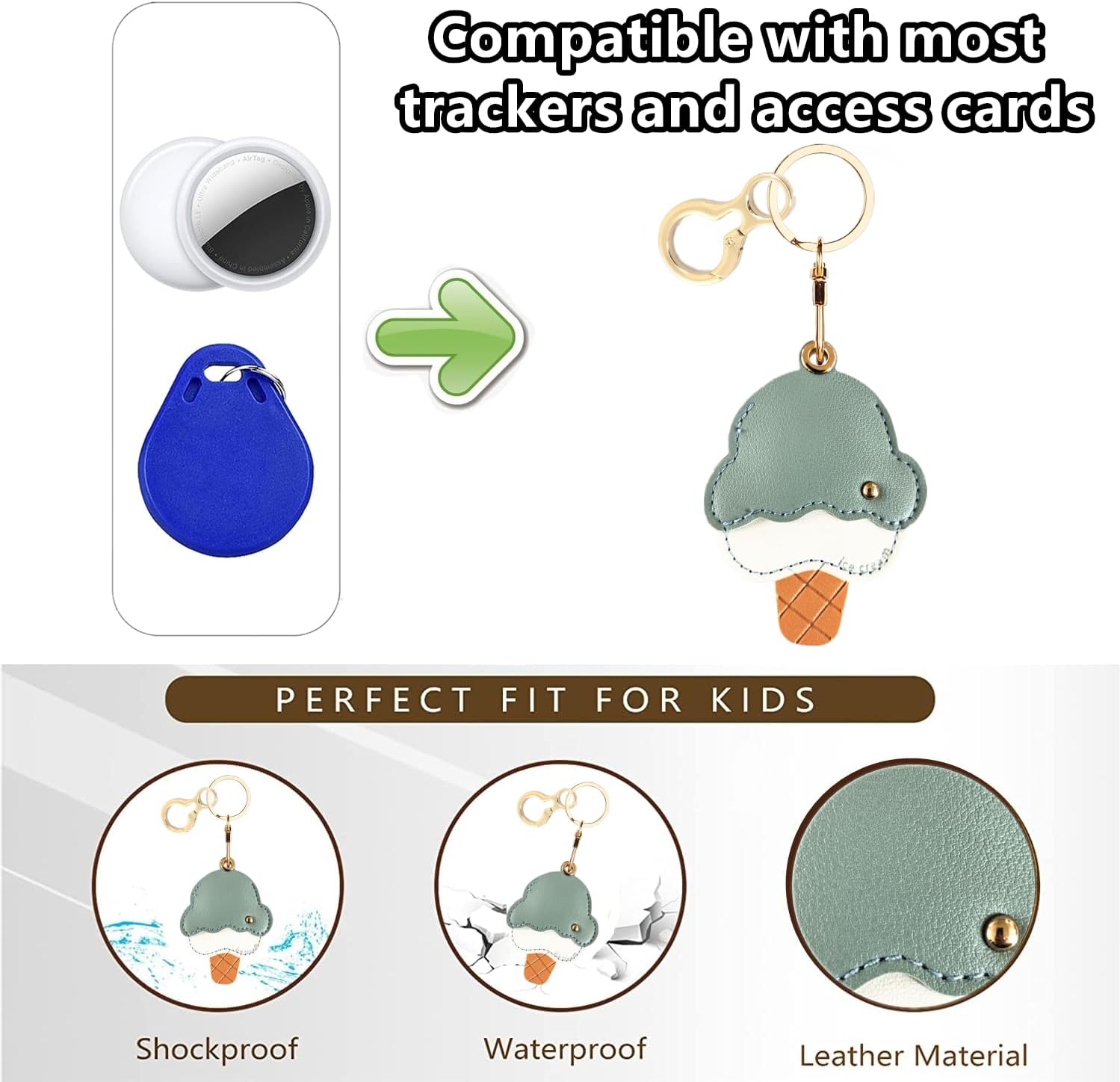 Leather Keychain Holder Case Compatible with AirTag,Cute Protective Cover with Keyring,Anti-Scratch Finder GPS Tracker Case for Wallet Keys,Bag,Pets(Ice Cream C) - Image 4