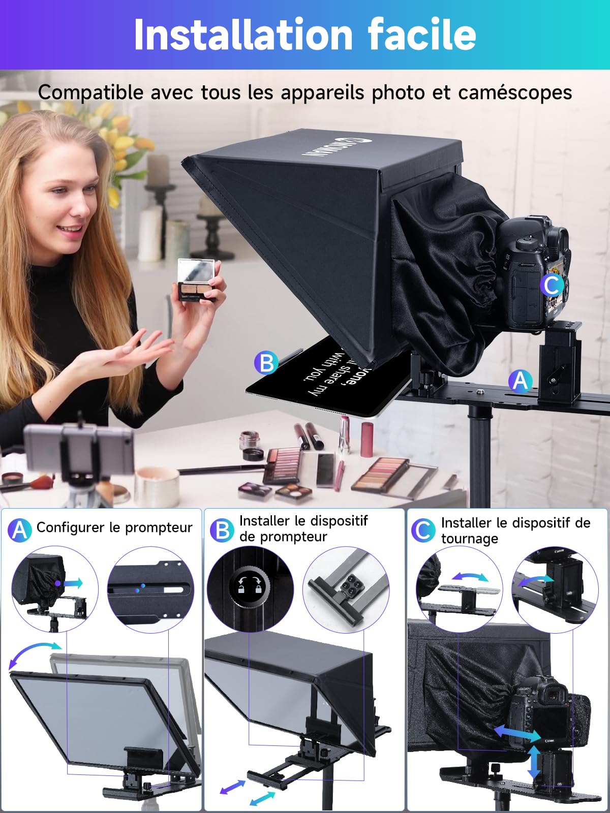 Moman MT16 Prompteur téléprompteur 16" compatible avec iPad/tablette/smartphone avec application et enregistrement à distance des appareils photo reflex numériques/caméras vidéo, prompteur vidéo