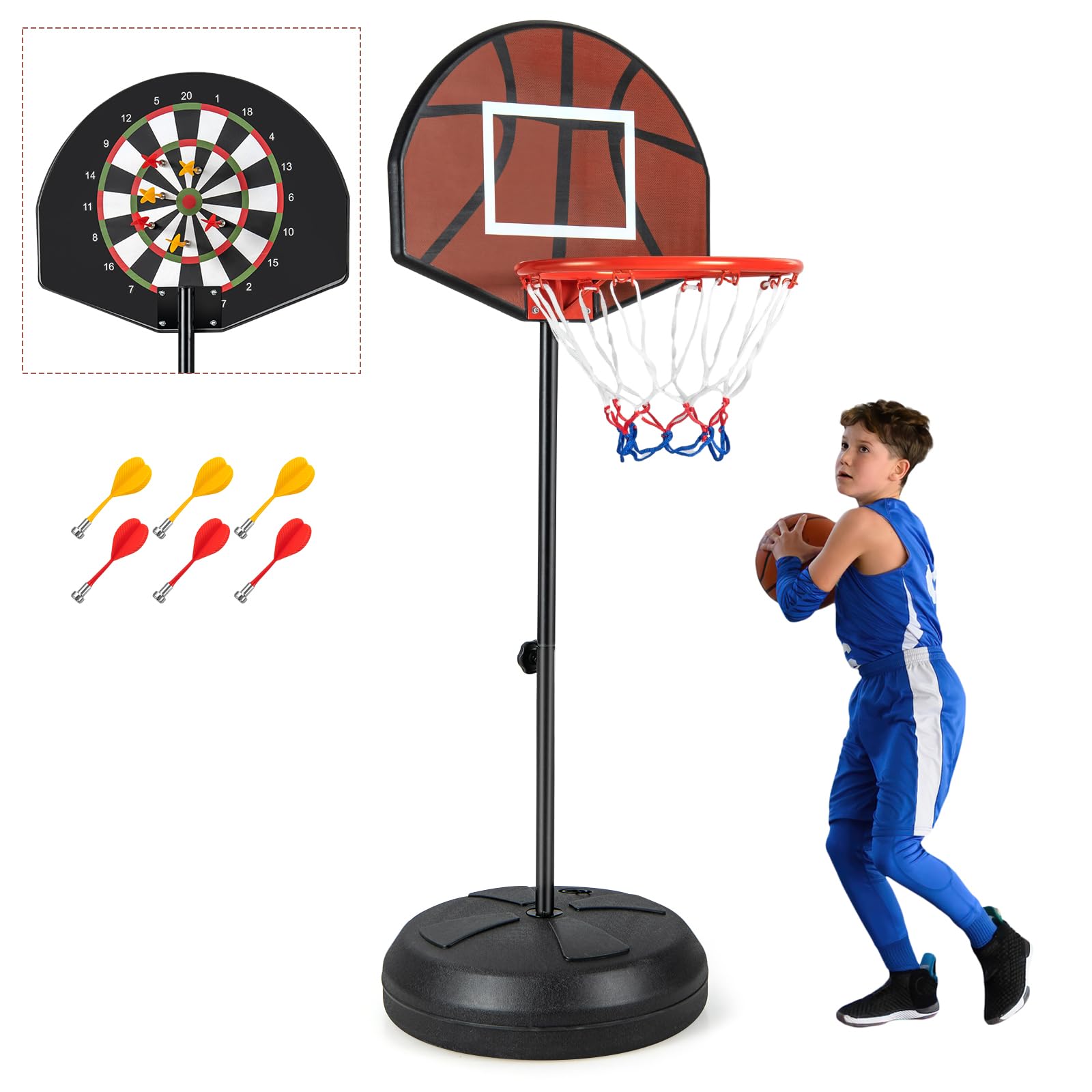 GYMAX 2-en-1 Panier Basket Enfants 3-10 Ans, avec Cible de Fléchettes, Hauteur Réglable 96/146cm, Base Remplissable Stable, 6 Fléchettes, pour Intérieur et Extérieur, pour Garçons et Filles