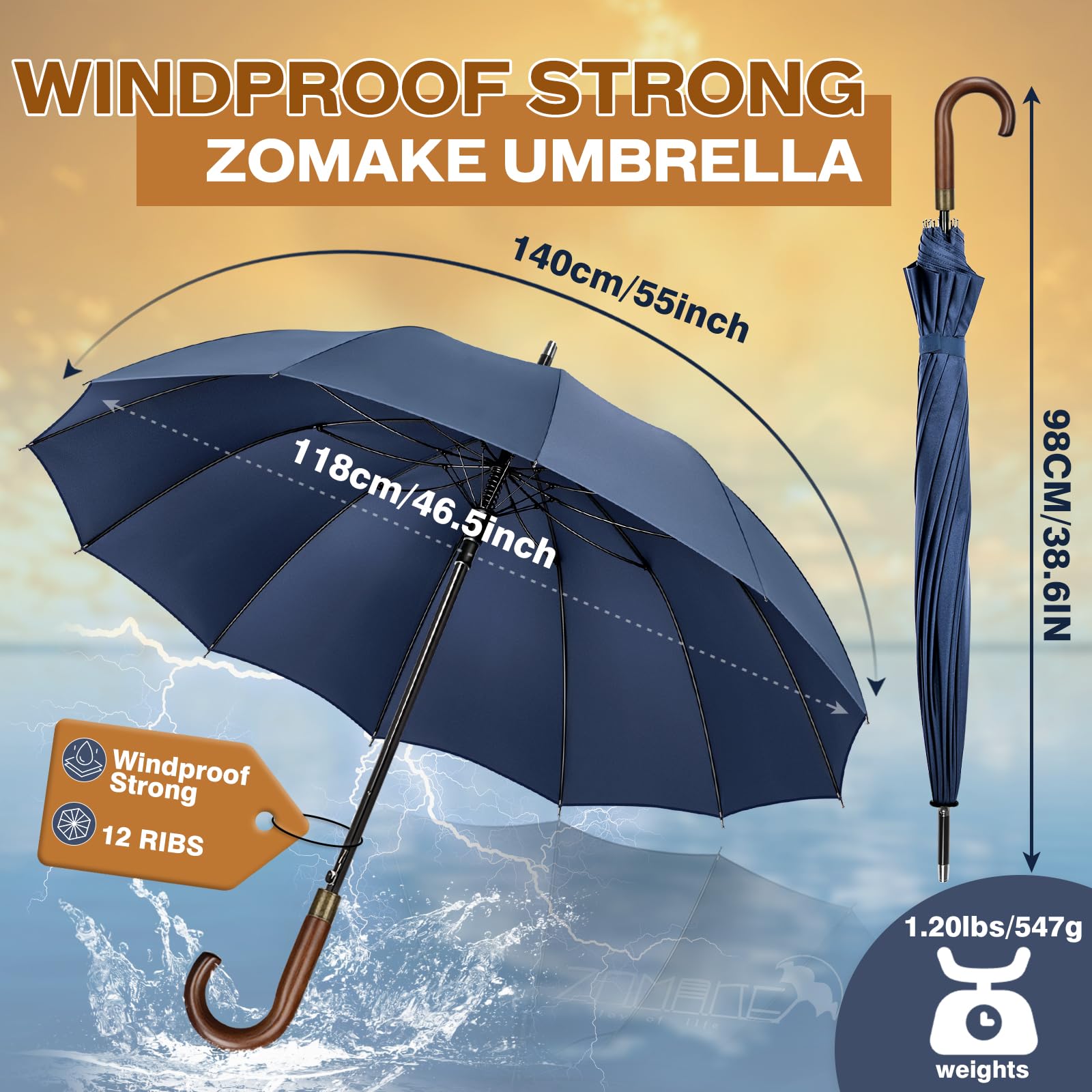 ZOMAKE Großer Regenschirm 55 inch,12 Rippen / 16 Rippen Golfschirm Groß Stabil,Travel Schirm XXL Groß mit Auf-Zu-Automatik für Herren Damen