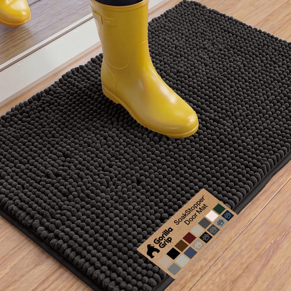 Gorilla Grip Original Indoor Durable Chenille Doormat, Large (36x24) Absorbent, Machine Washable Inside Mats, Low-Profile Rug Doormats for Entry, Back Door, Mud Room, High Traffic Areas (Black)