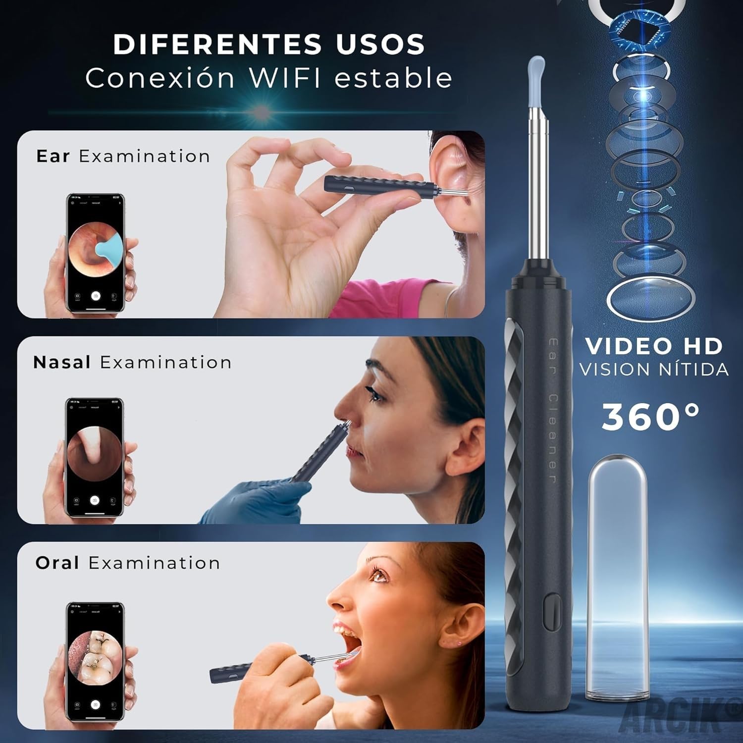 Otoscopio Limpiador Oidos Adultos - Otoscopio Limpiador de Oidos Cera con Camara HD - Ear Cleaner con 6 Puntas de Silicona y 7 Accesorios - Compatible Android e iOS, color Azul/Blanco (Blanco)