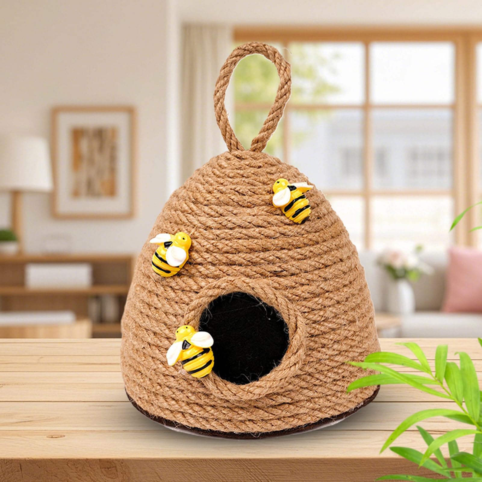 Bienenstock- – Bienenstock aus gewebtem Juteseil, abgestuftes Tablett, Bauernhaus-Anhänger, 11 x 11 cm kompaktes Ornament + 15 cm Aufhängeschlaufe, Konstruktion aus Naturfaserschnur – für Küche u