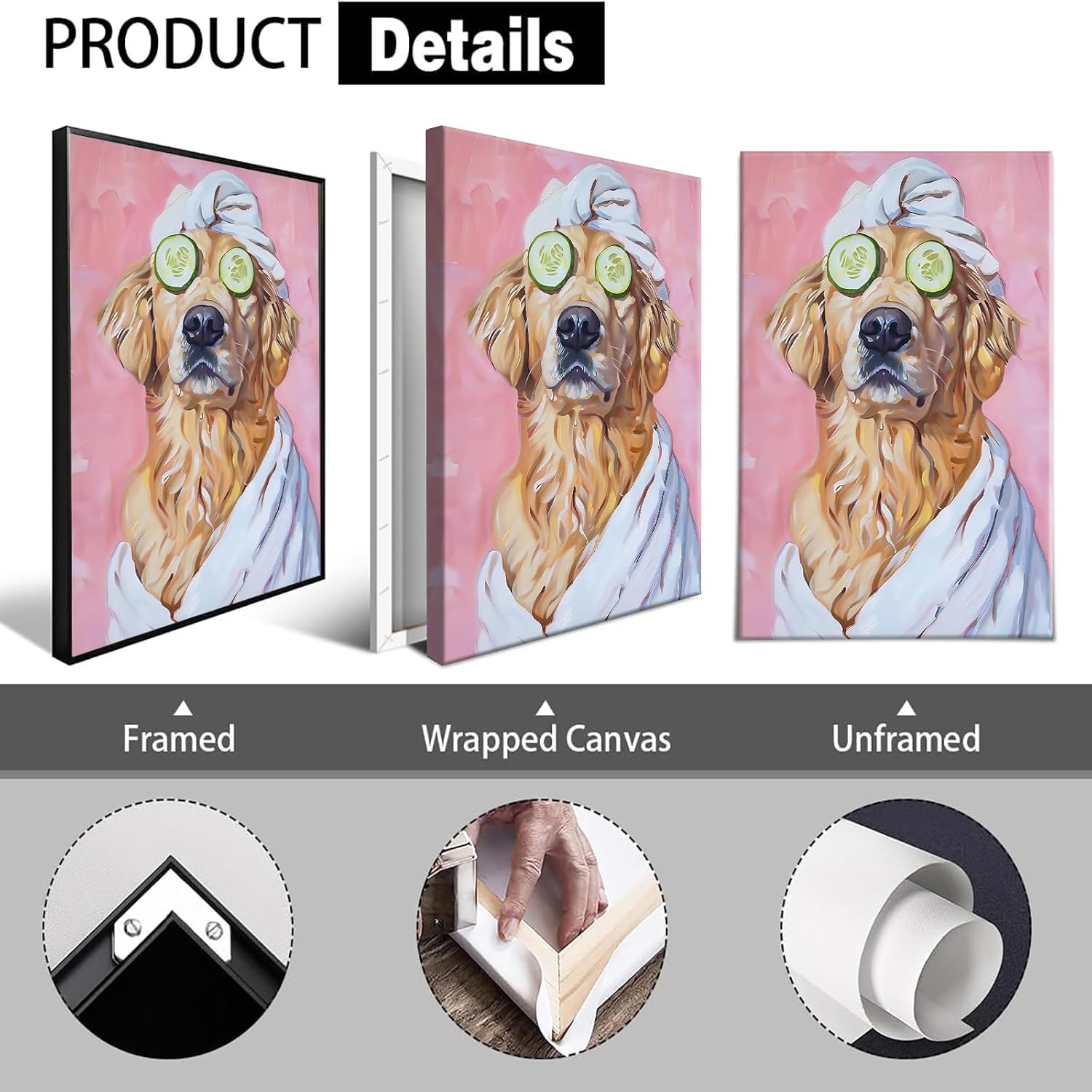 Funny Bathroom Canvas Wall Art Relaxing Golden Retriever Spa Posters Whimsical Dog Grooming Impressionistic Painting Cute Animal Aesthetic Wall Decor For Home Restroom 16x24in Framed