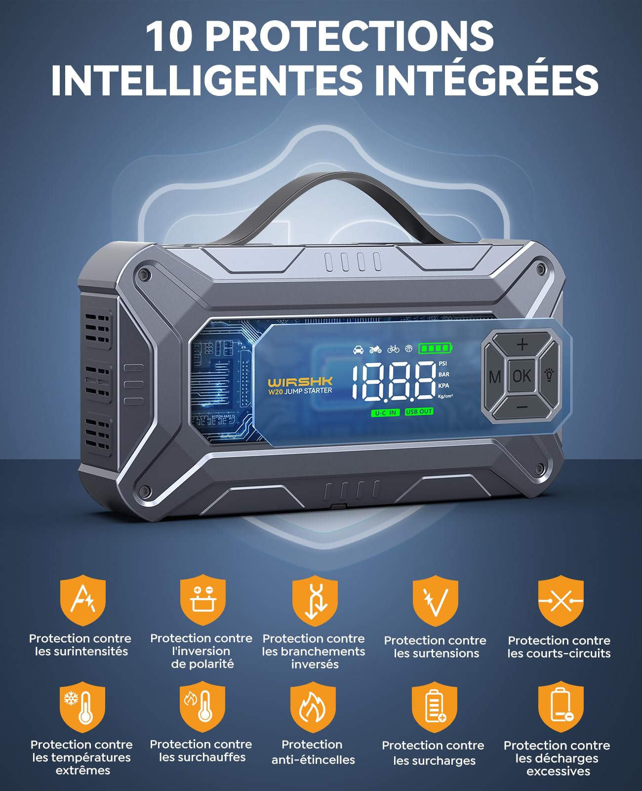 Booster Batterie Voiture 8000A avec Gonfleur Pneus 160PSI - Démarreur de Batterie - Compresseur Voiture - pour Moteurs Essence & Diesel jusqu'à 10L - Affichage LCD & LED de Secours | Pour tous les moteurs à essence et diesel de 10 l, 27 000 mAh, câble de