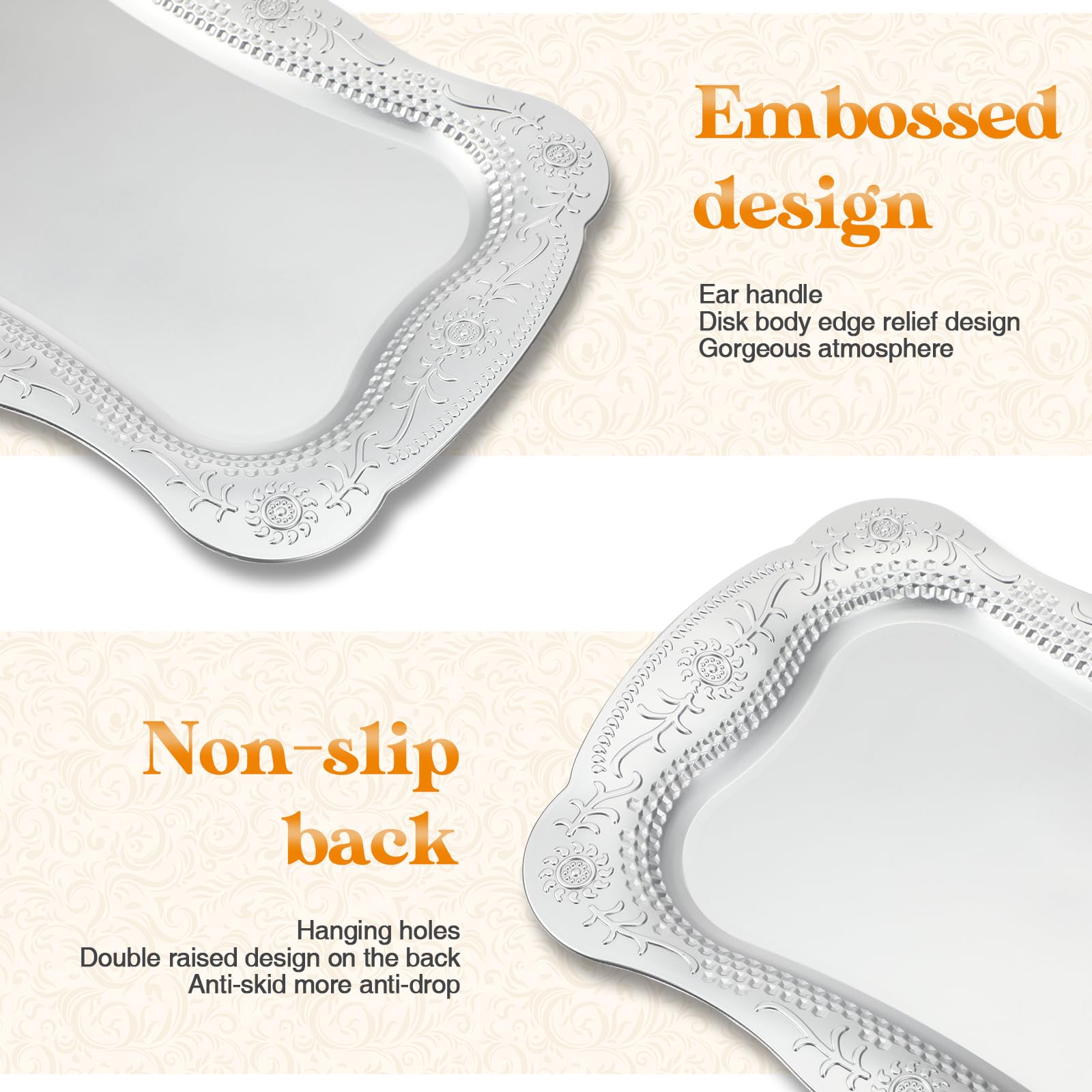 Layhit 10 vassoi da portata rettangolari in plastica, 33 x 22,9 cm, per dessert, decorazione in rilievo, per feste, matrimoni, fidanzamenti, compleanni (argento)