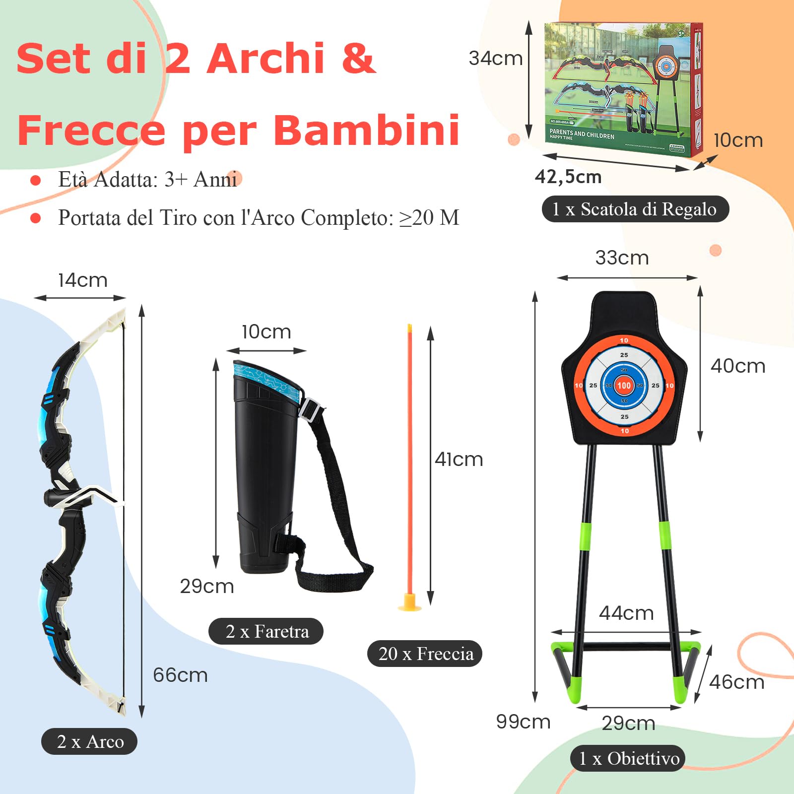 GYMAX Set di 2 Archi e Frecce a LED per Bambini con 20 Frecce a Ventosa, 2 Faretre e Bersaglio